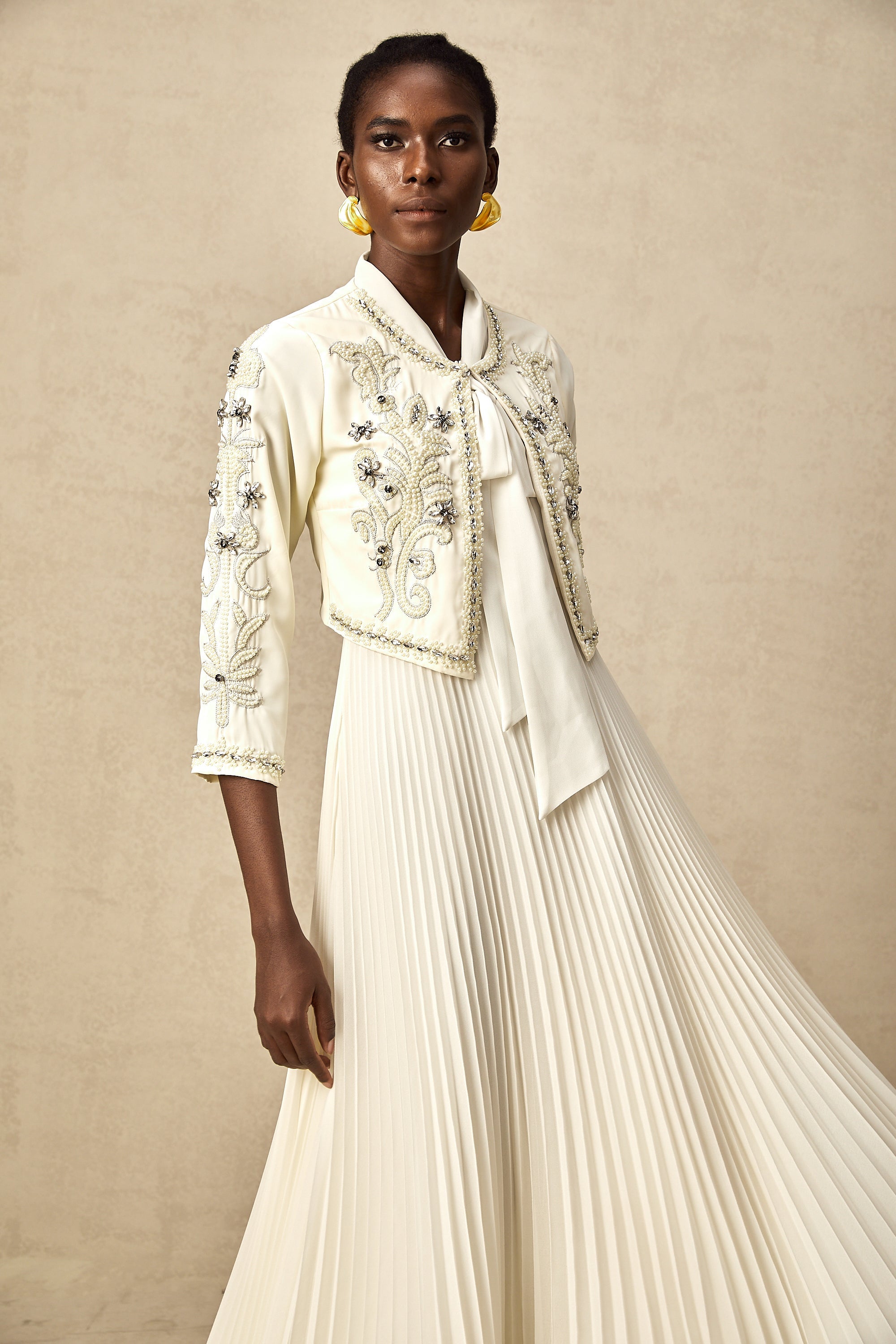 Blanche White Embellished Pleated Two-Piece Jacket and Dress Set (Final Sale-US Only)