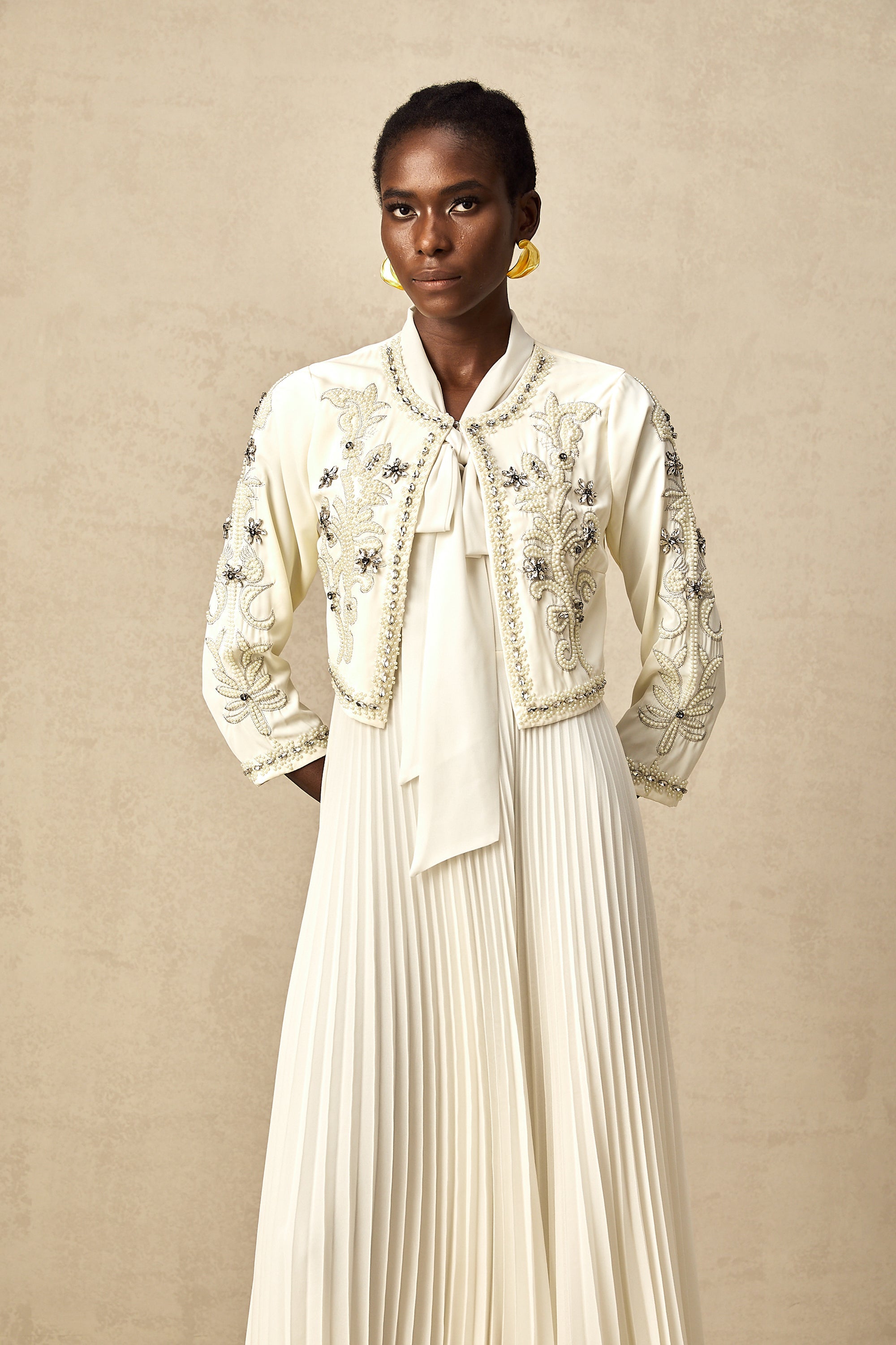 Blanche White Embellished Pleated Two-Piece Jacket and Dress Set (Final Sale-US Only)