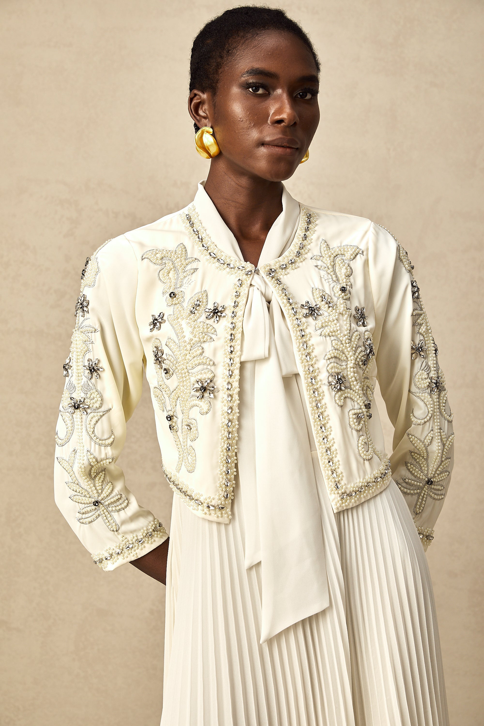 Blanche White Embellished Pleated Two-Piece Jacket and Dress Set (Final Sale-US Only)