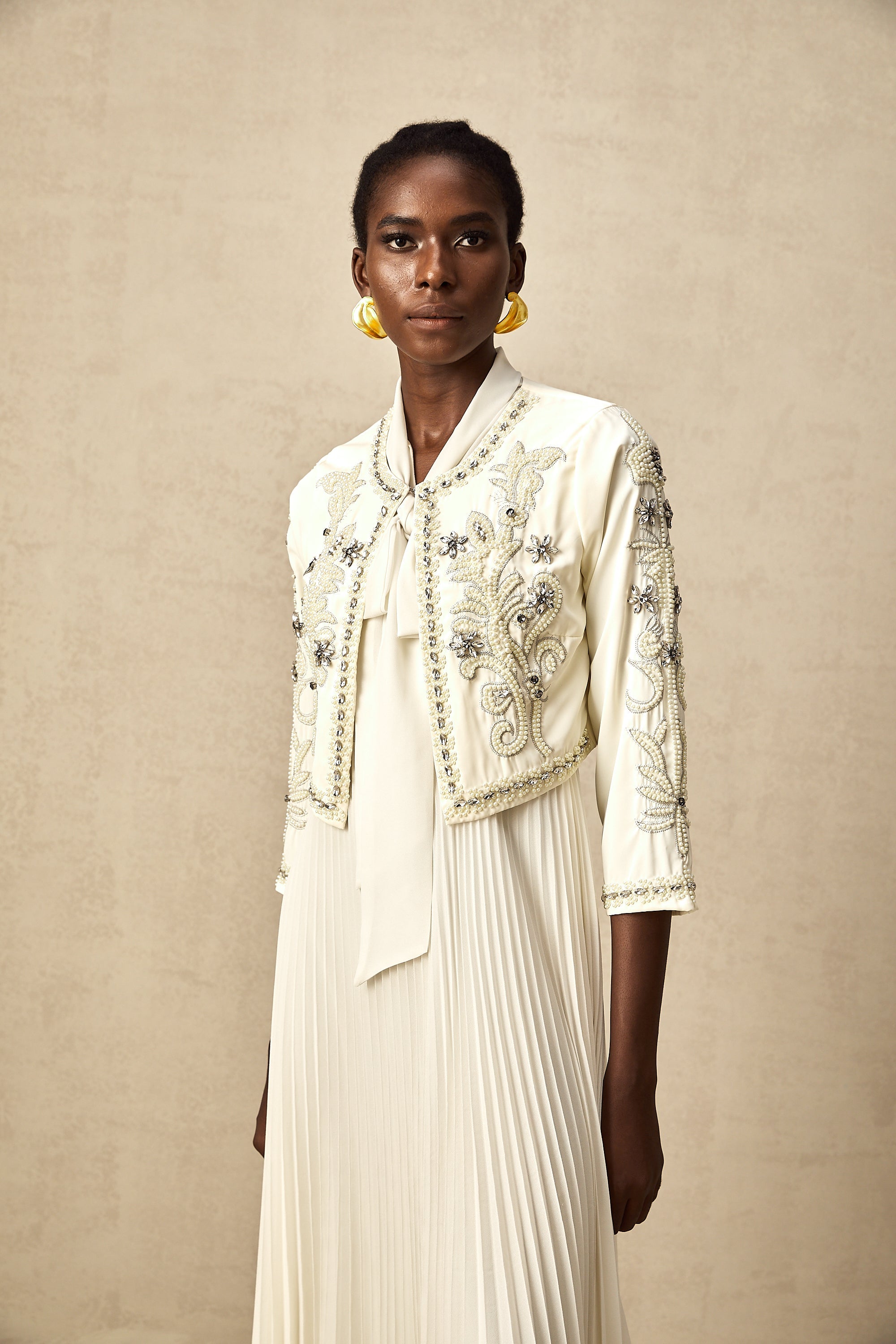 Blanche White Embellished Pleated Two-Piece Jacket and Dress Set (Final Sale-US Only)