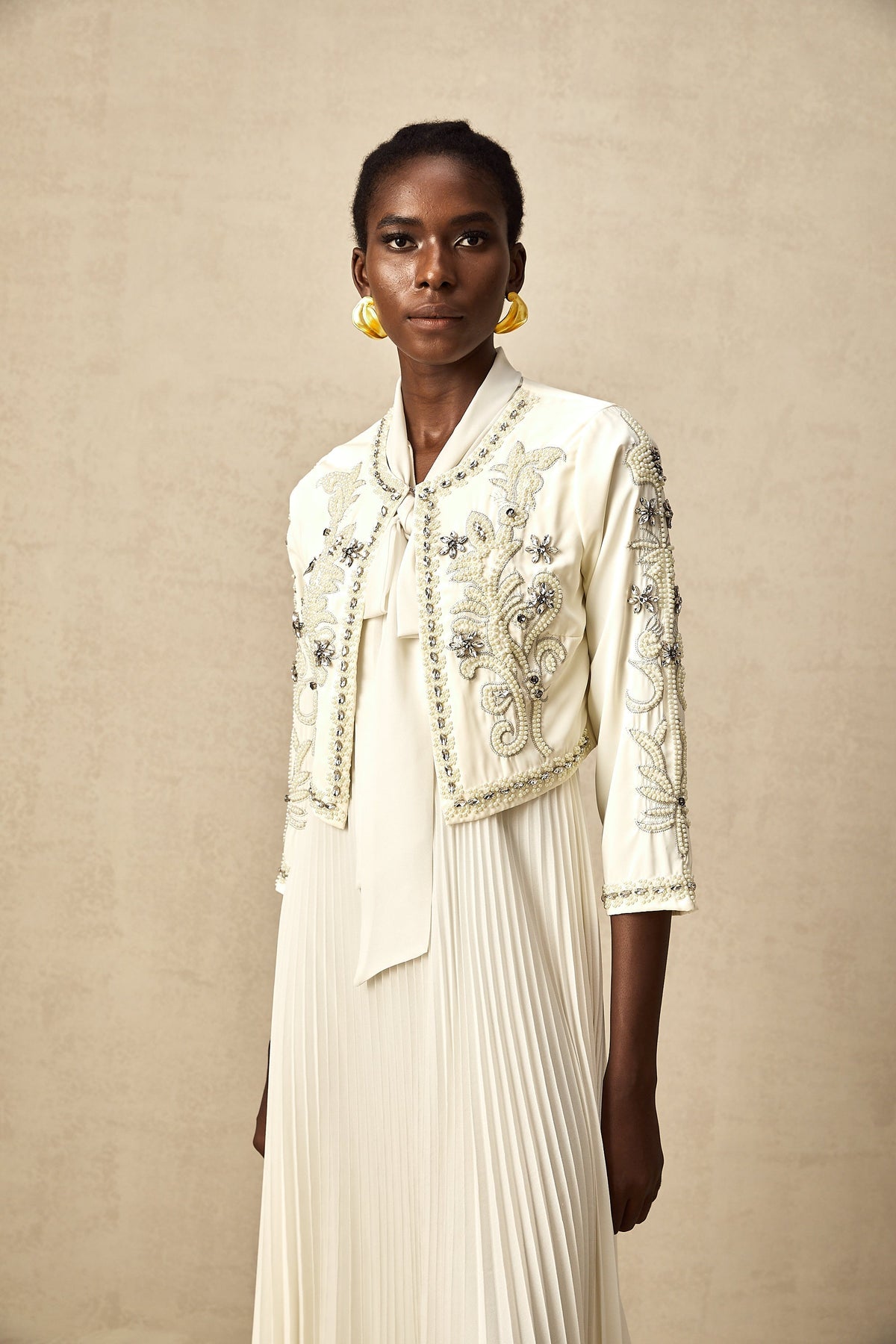 Blanche White Embellished Pleated Two-Piece Jacket and Dress Set (Final Sale-US Only)