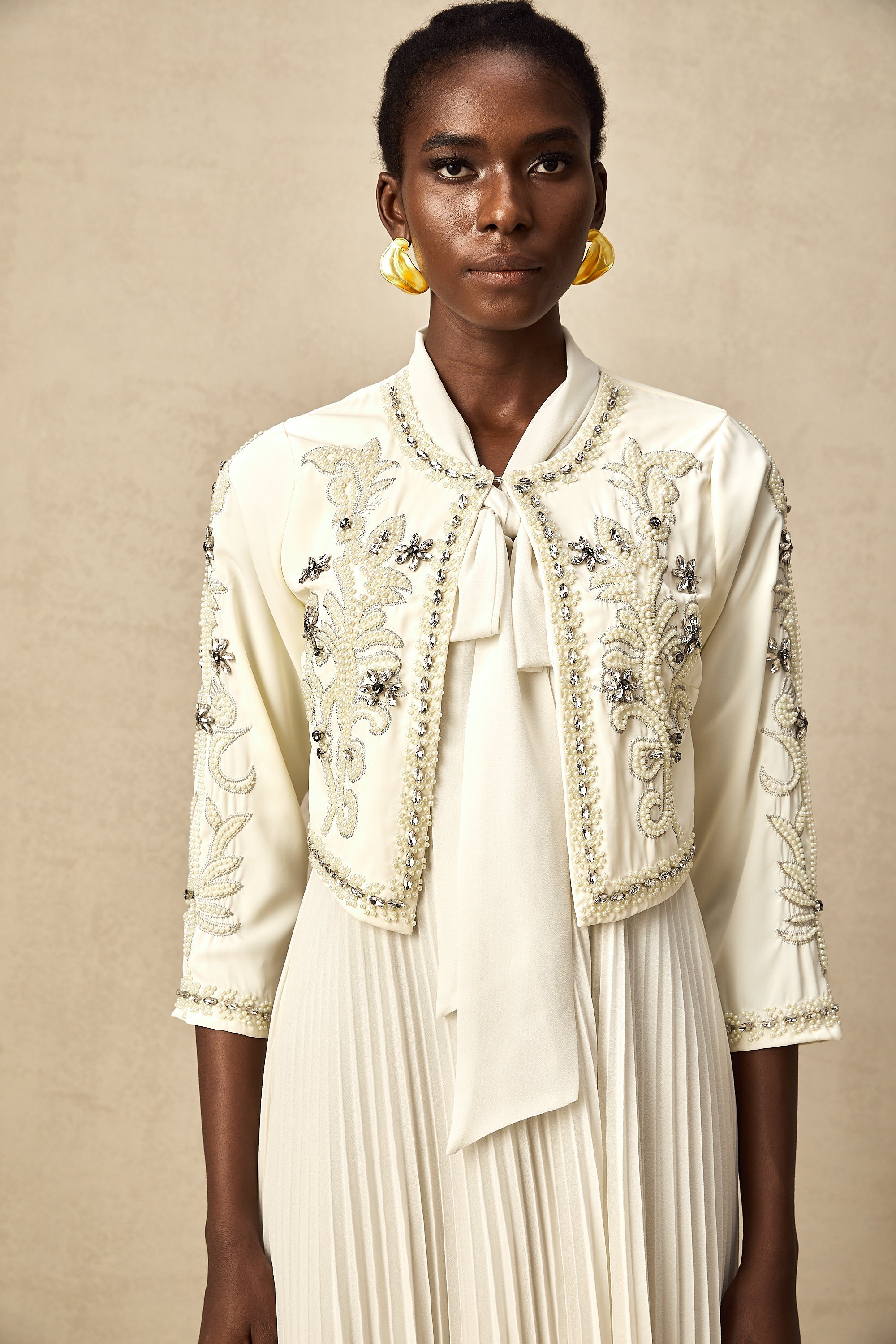 Blanche white embellished pleated jacket & dress matching set