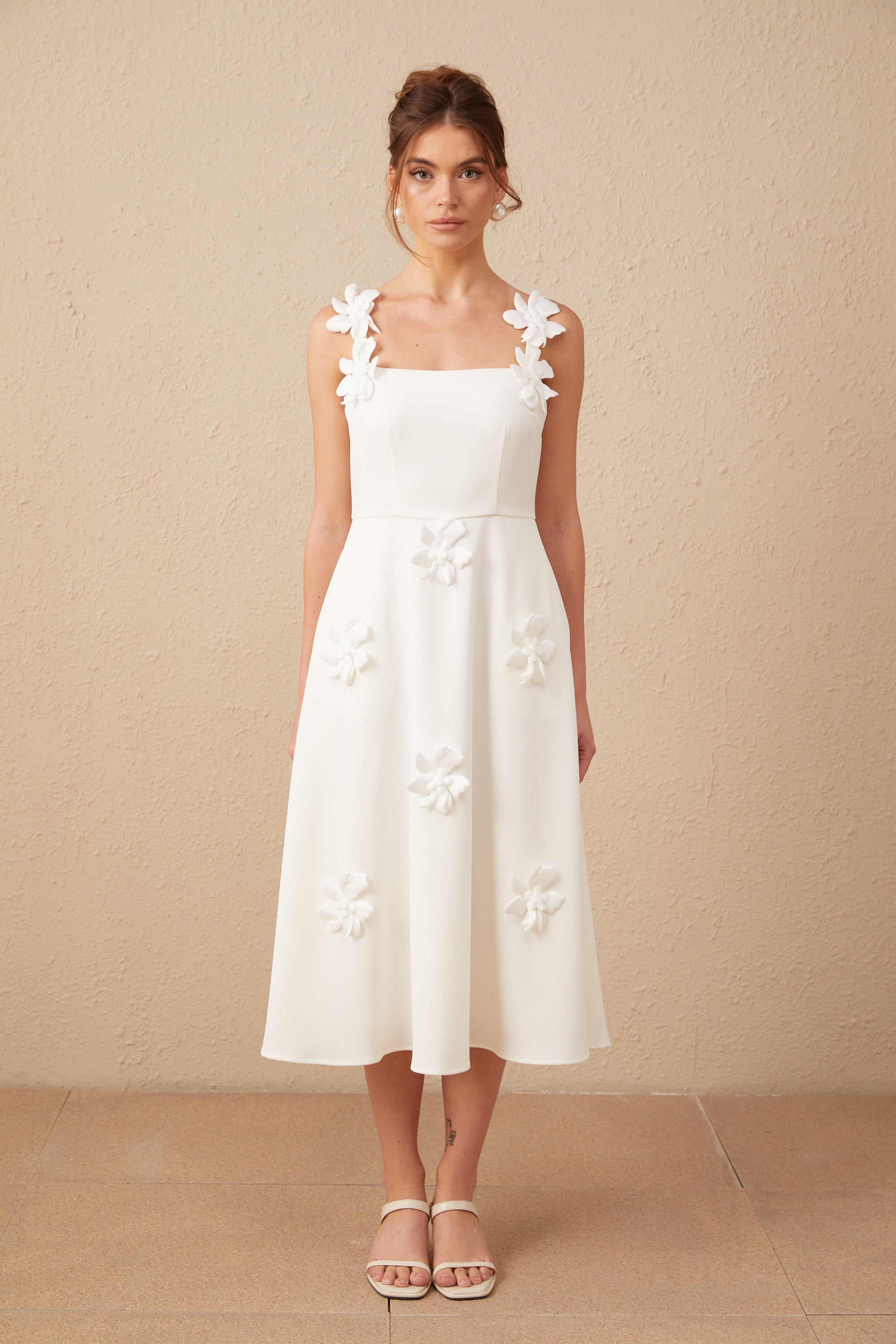 Ariane white faux-flower square-neck midi dress (Final Sale-US Only)