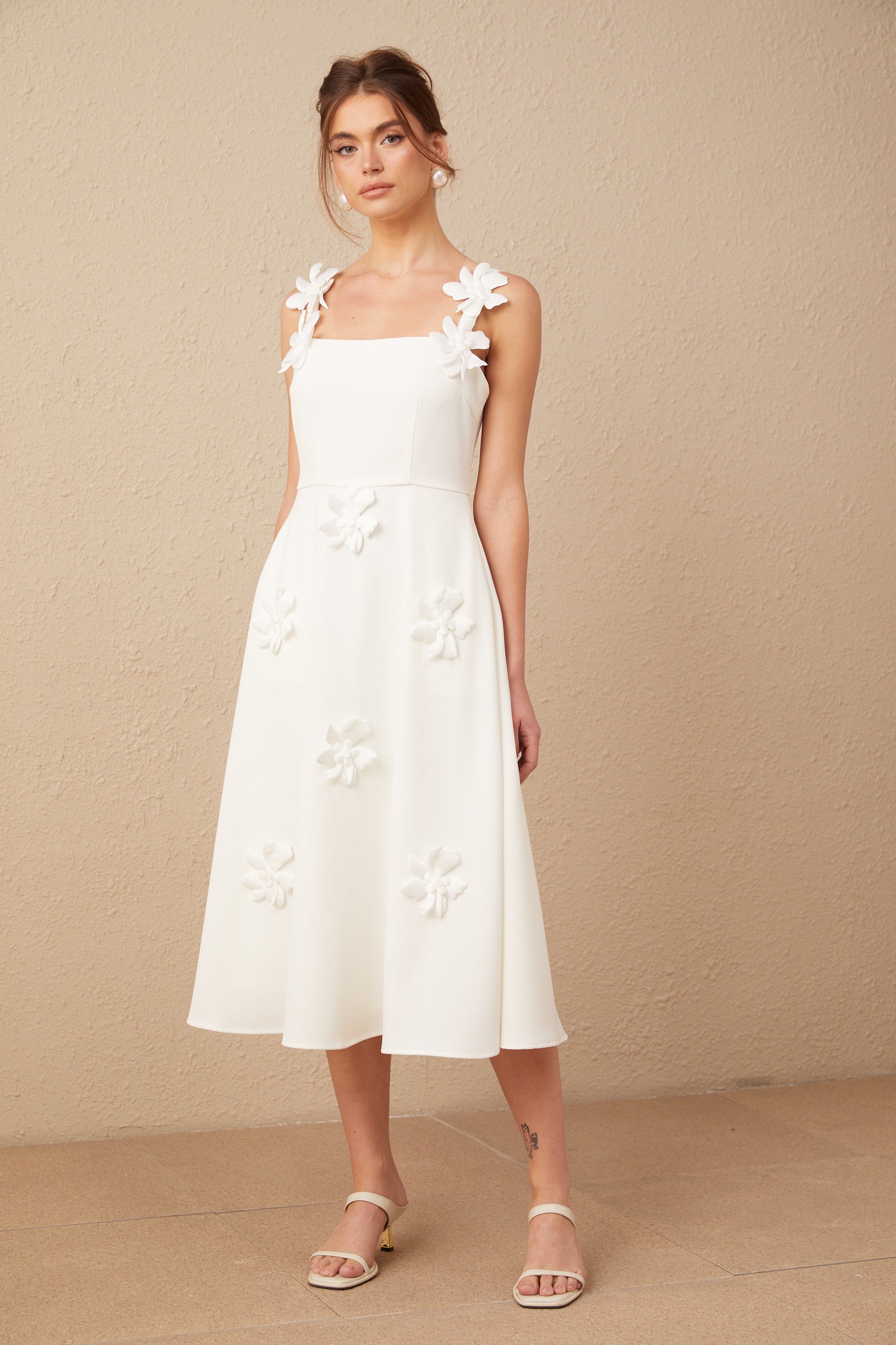 Ariane white faux-flower square-neck midi dress (Final Sale-US Only)