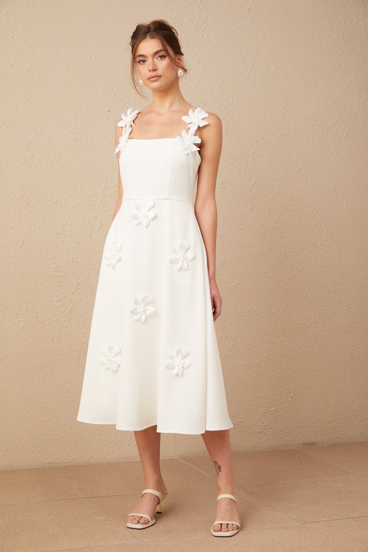 Ariane white faux-flower square-neck midi dress (Final Sale-US Only)
