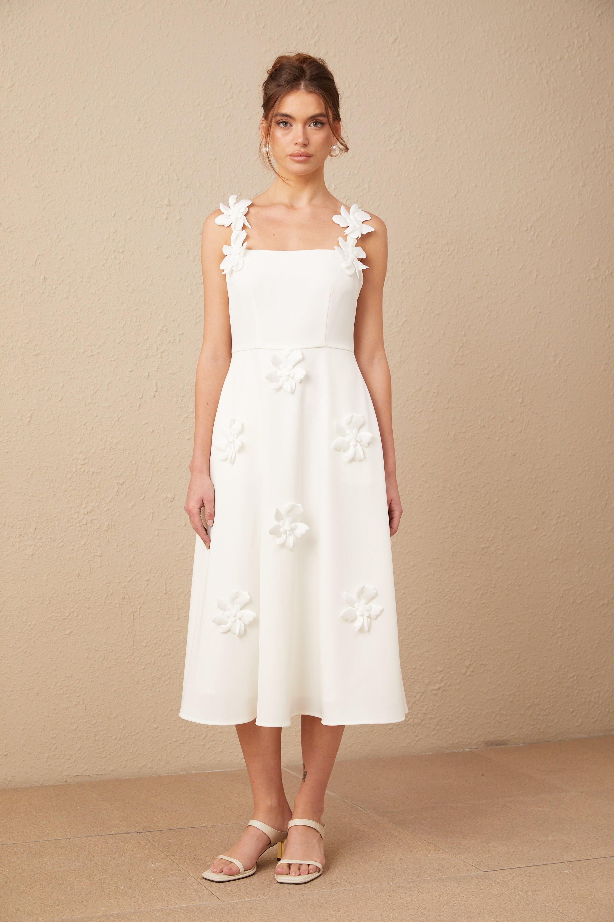 Ariane white faux-flower square-neck midi dress (Final Sale-US Only)