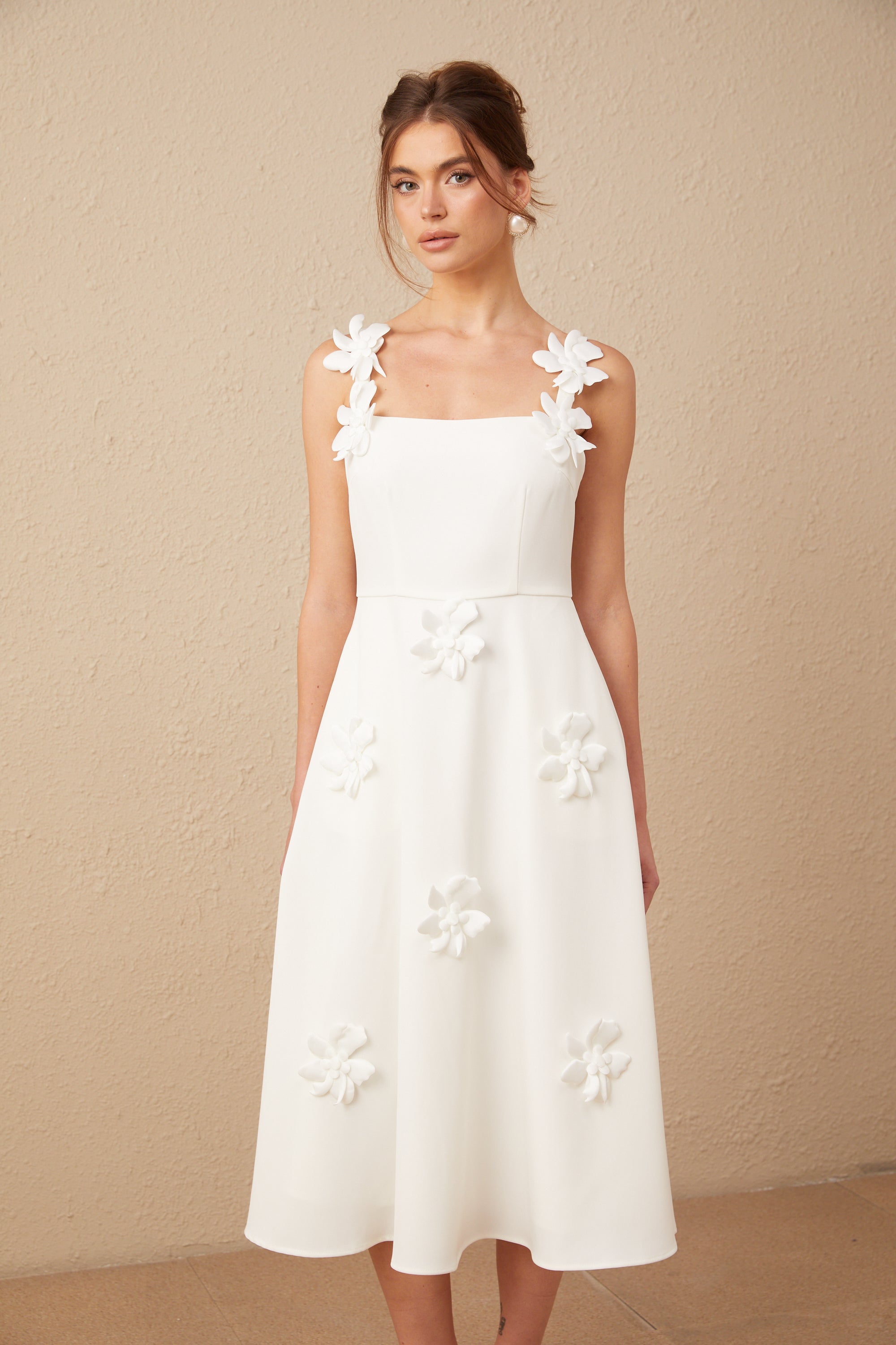 Ariane white faux-flower square-neck midi dress (Final Sale-US Only)