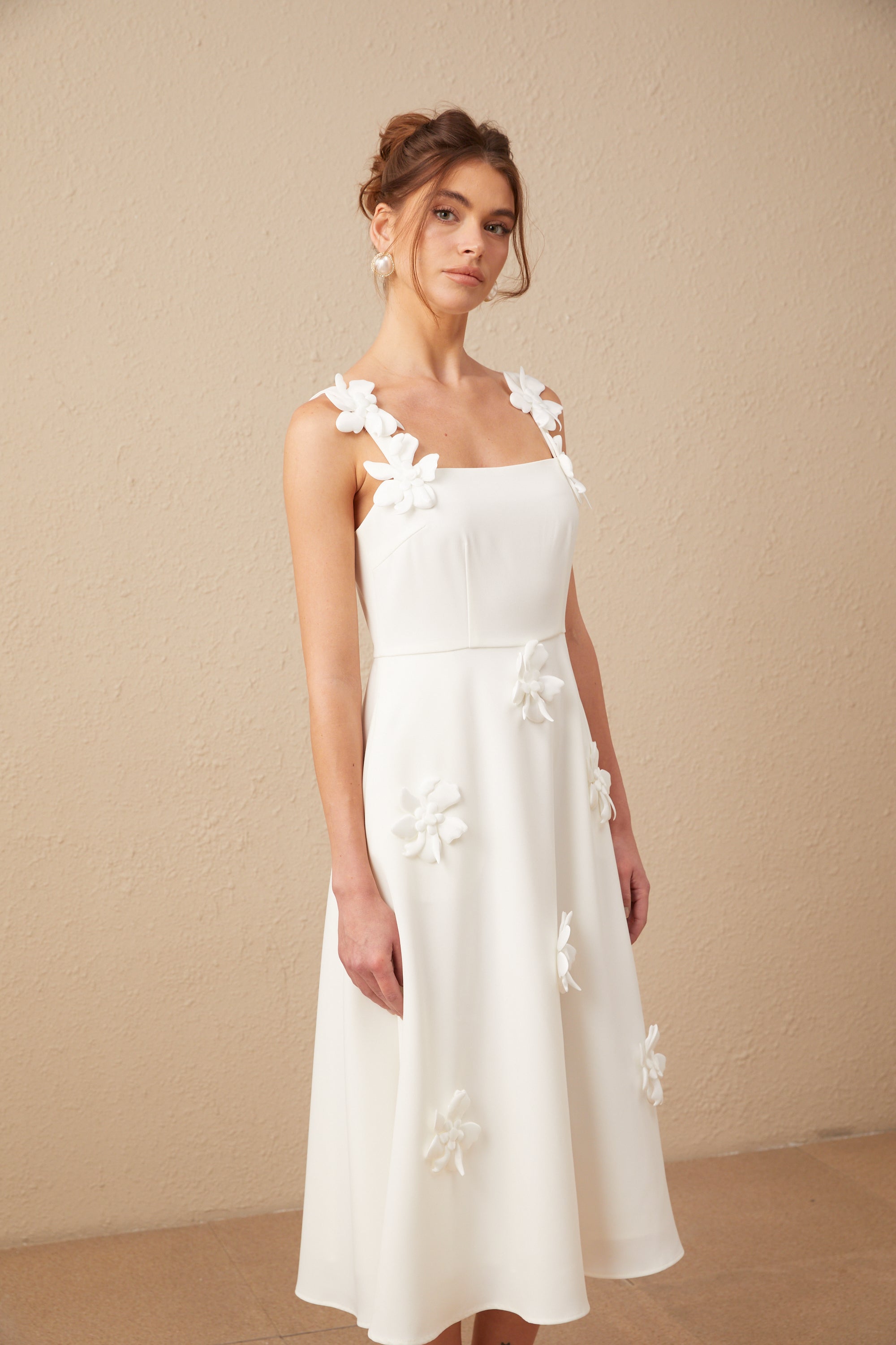 Ariane white faux-flower square-neck midi dress (Final Sale-US Only)