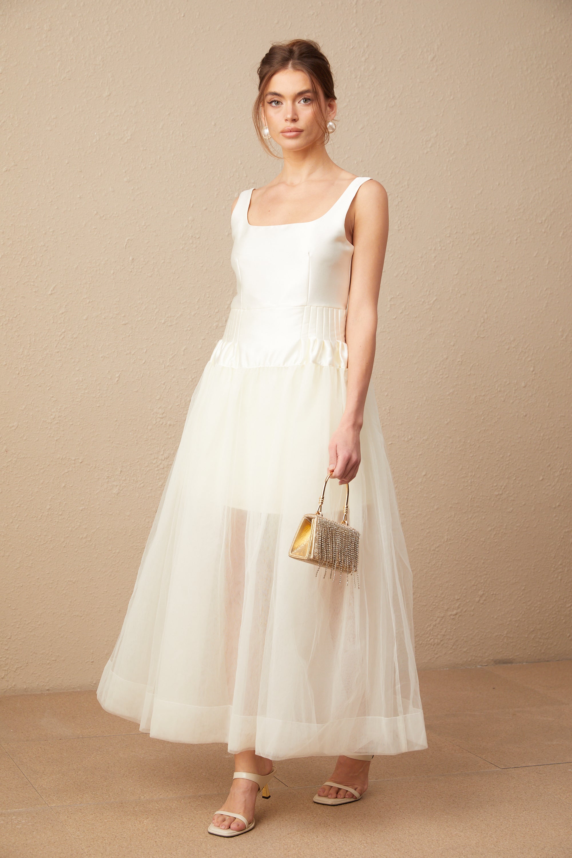 Lucie white satin tulle panelled maxi dress