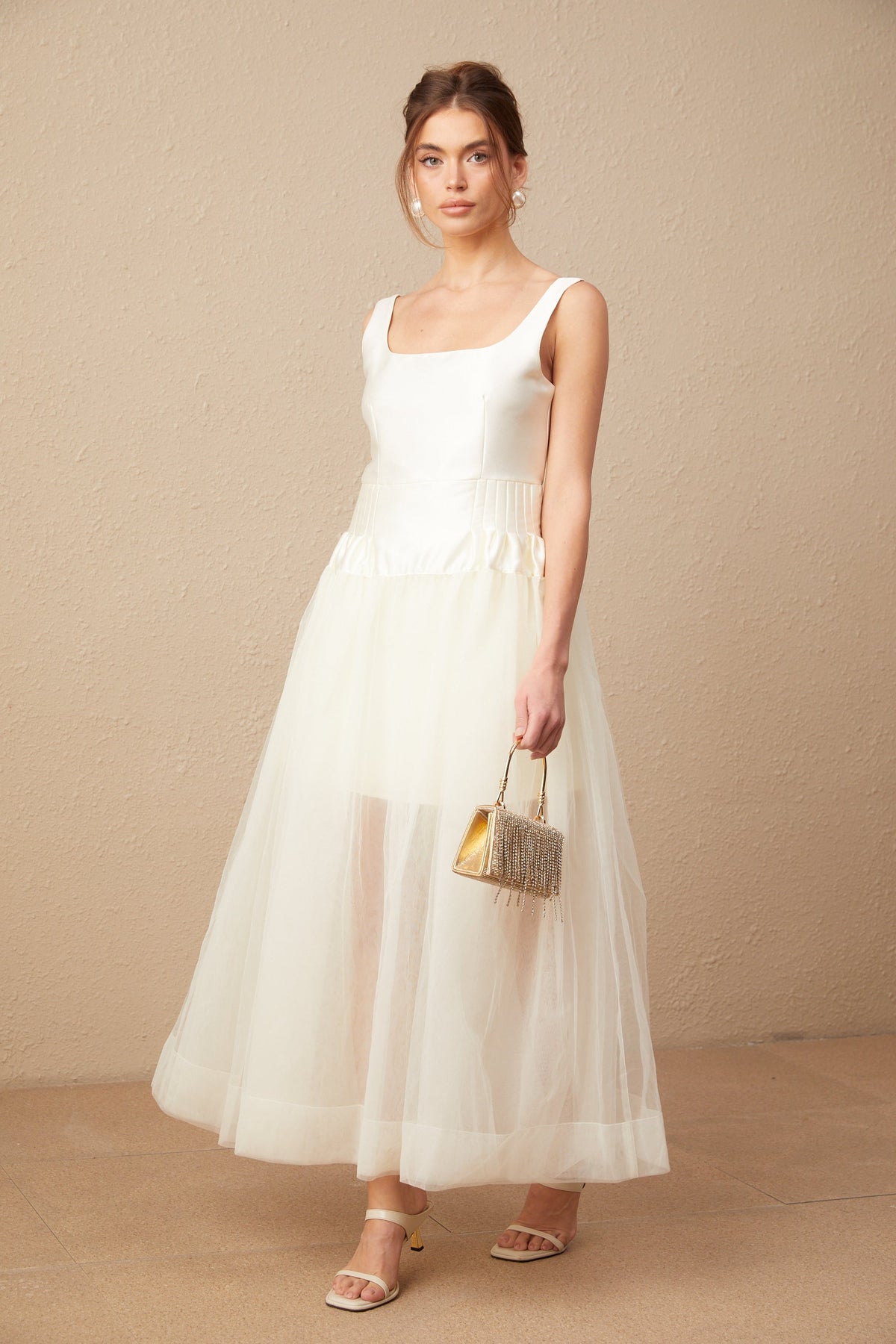 Lucie white satin tulle panelled maxi dress
