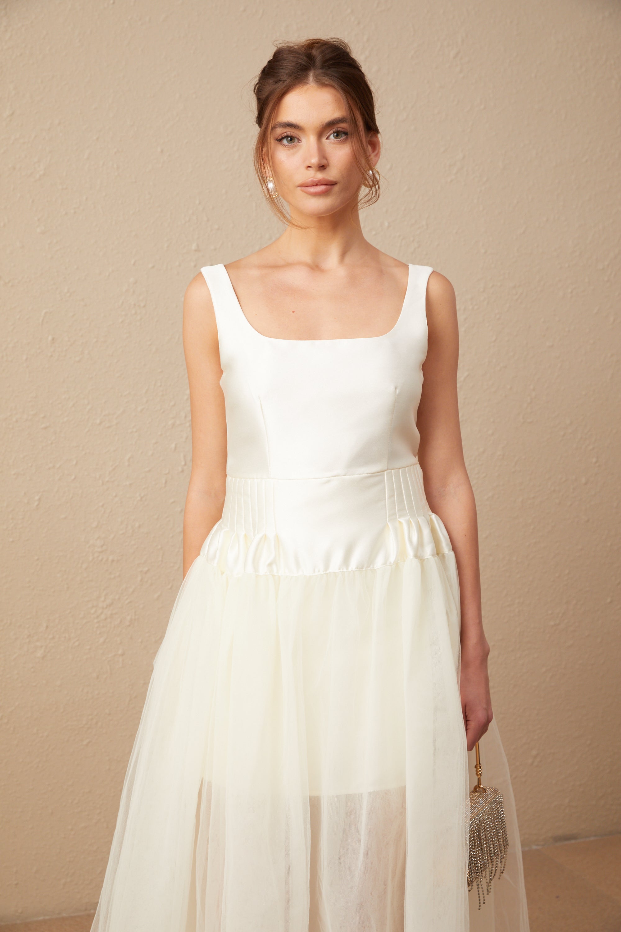 Lucie white satin tulle panelled maxi dress