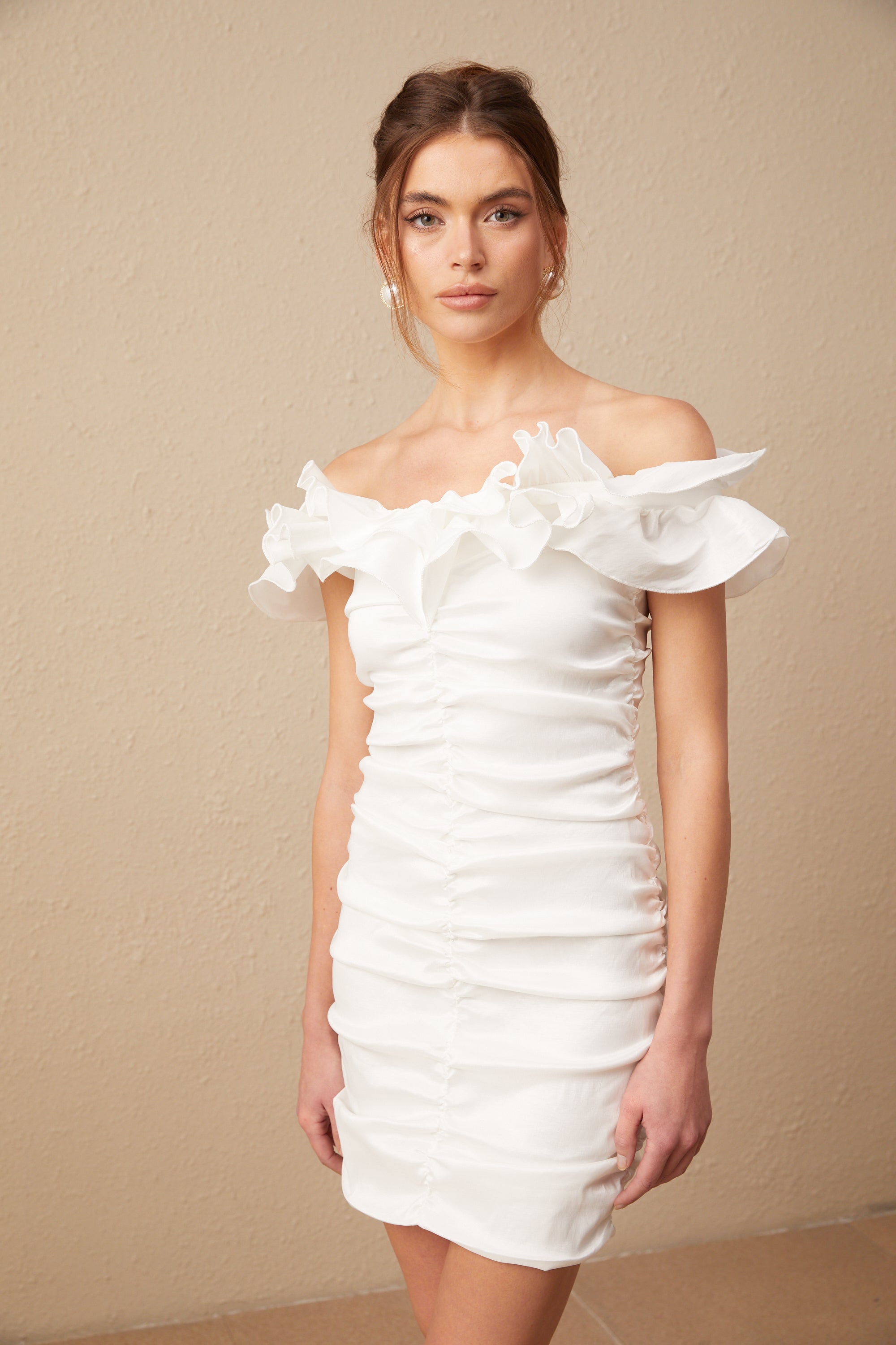 Aïssatou white off-shoulder ruffled mini dress