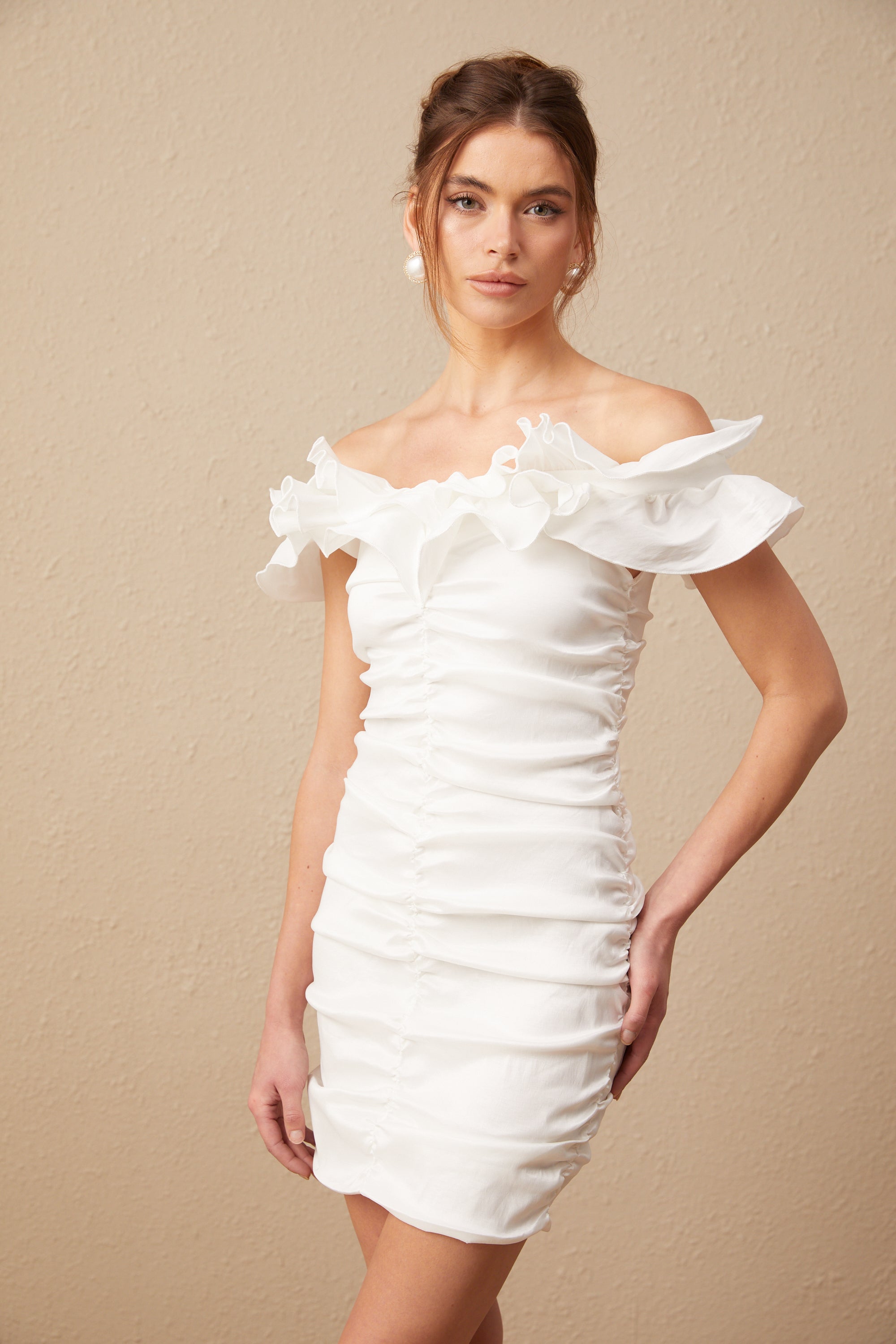Aïssatou white off-shoulder ruffled mini dress