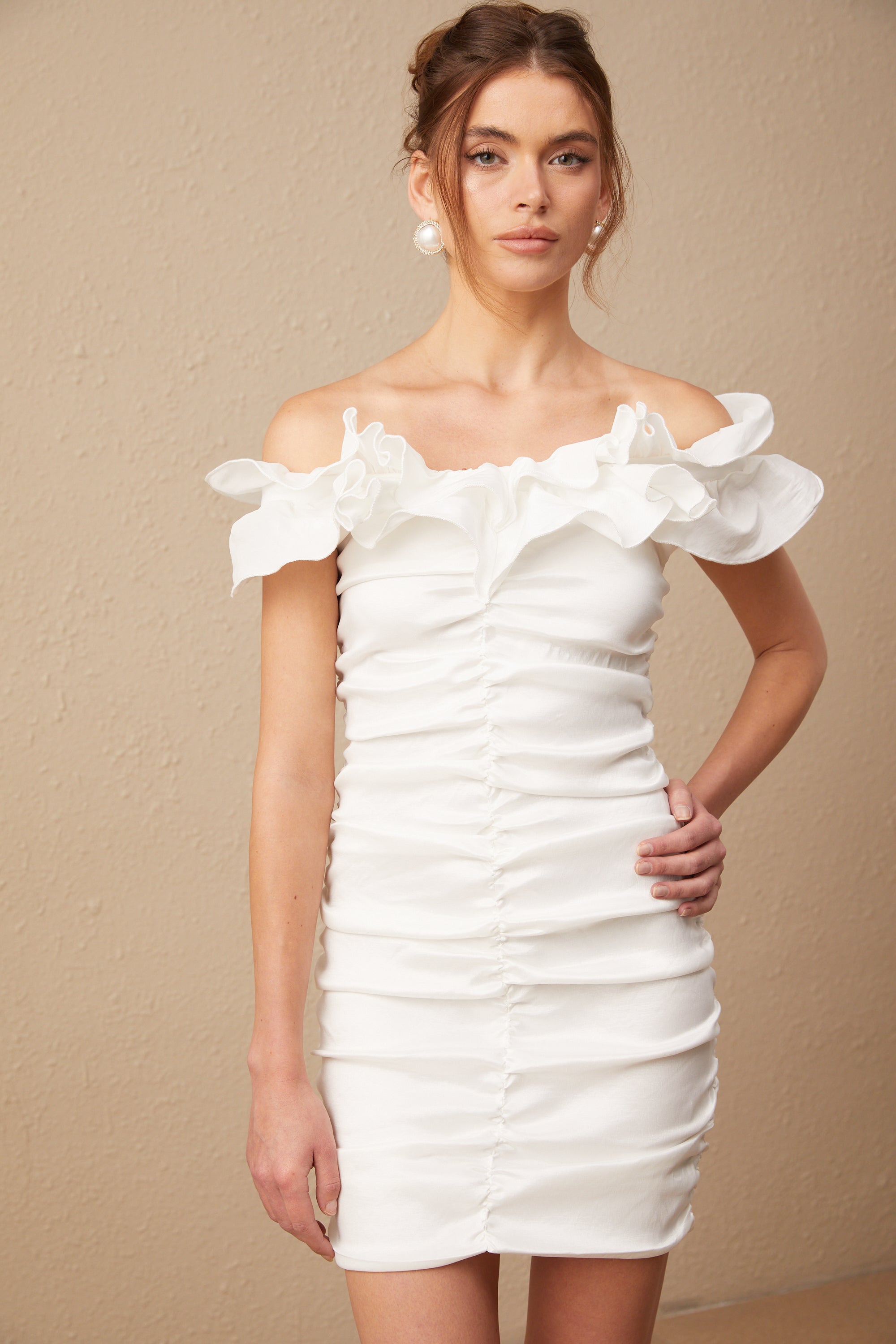 Aïssatou white off-shoulder ruffled mini dress