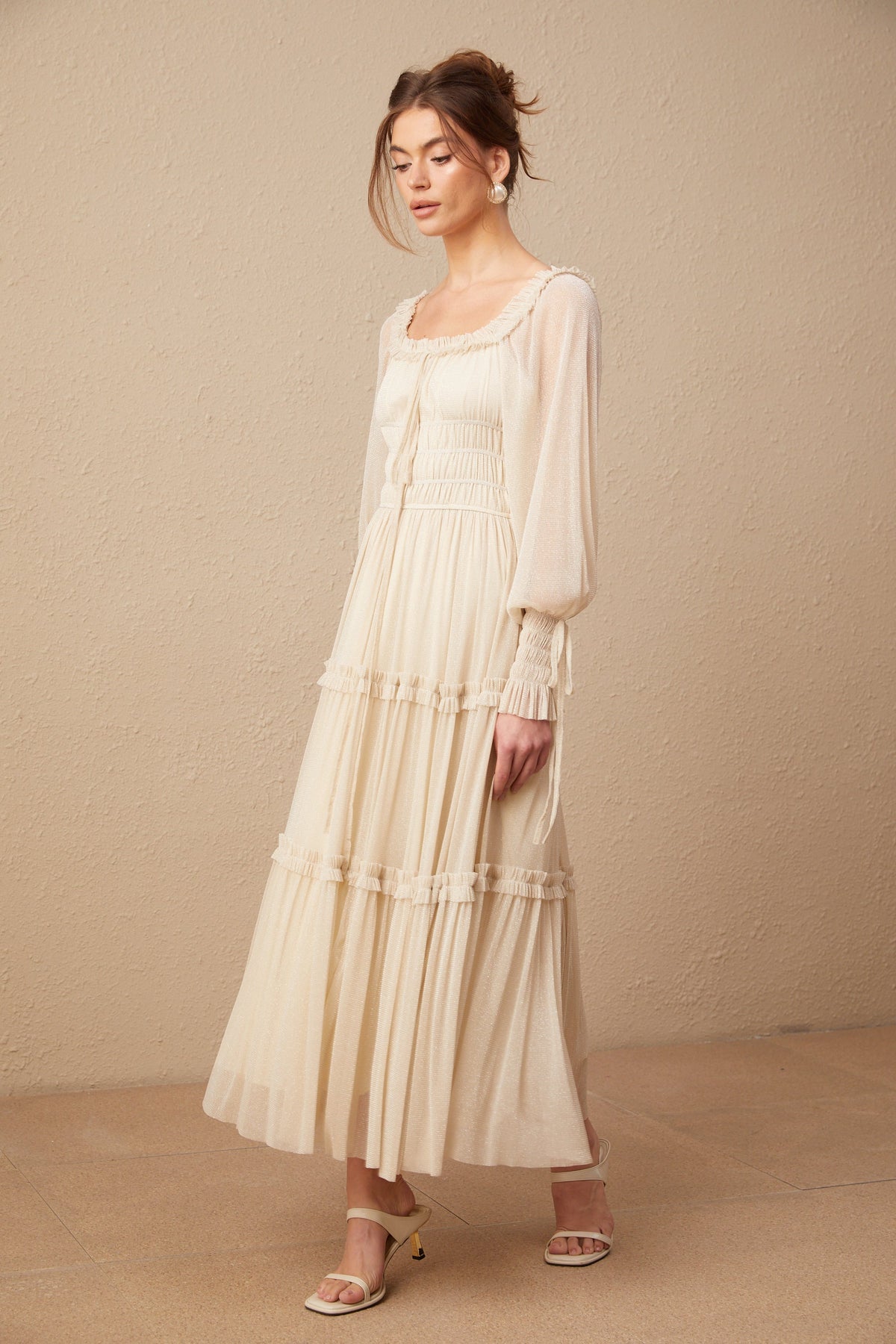 Camille pleated shirred metallic midi dress