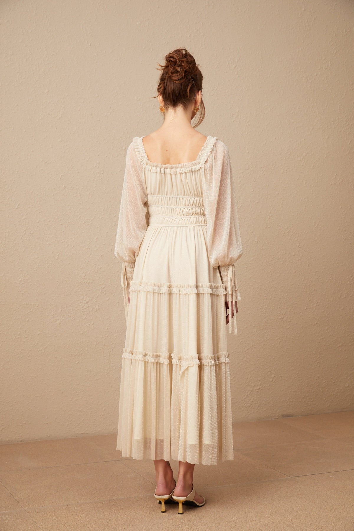 Camille pleated shirred metallic midi dress