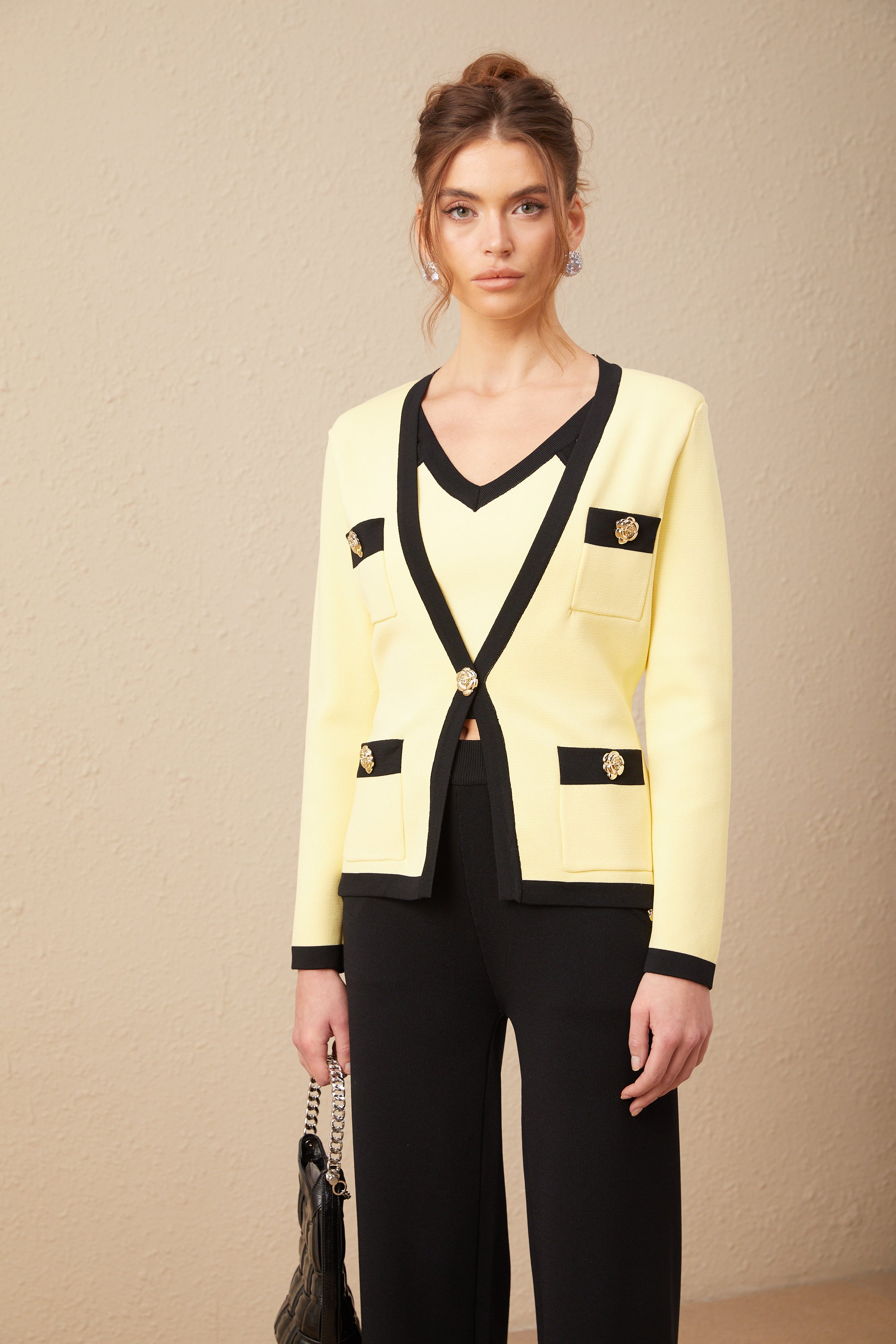 Eloise contrasting-trim knit cardigan & vest & trousers matching set