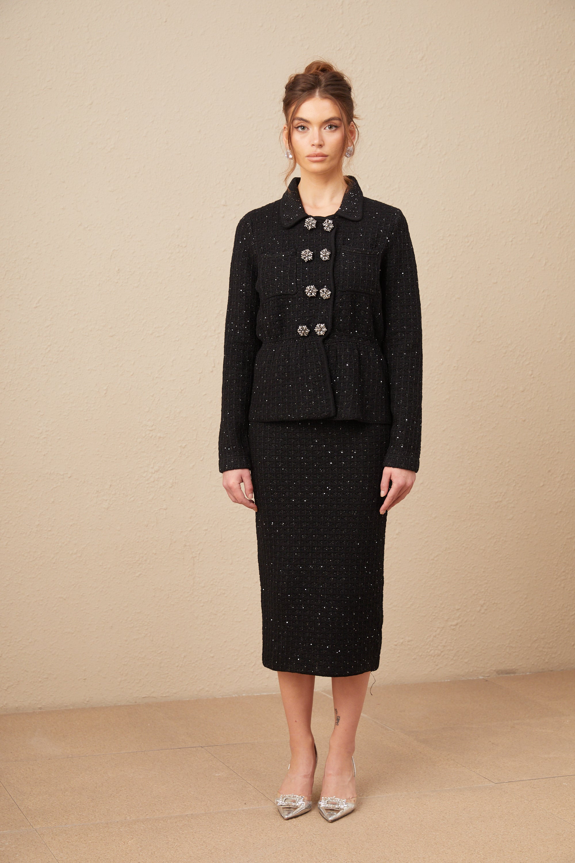 Amina sequined waffle-knit jacket & skirt matching set