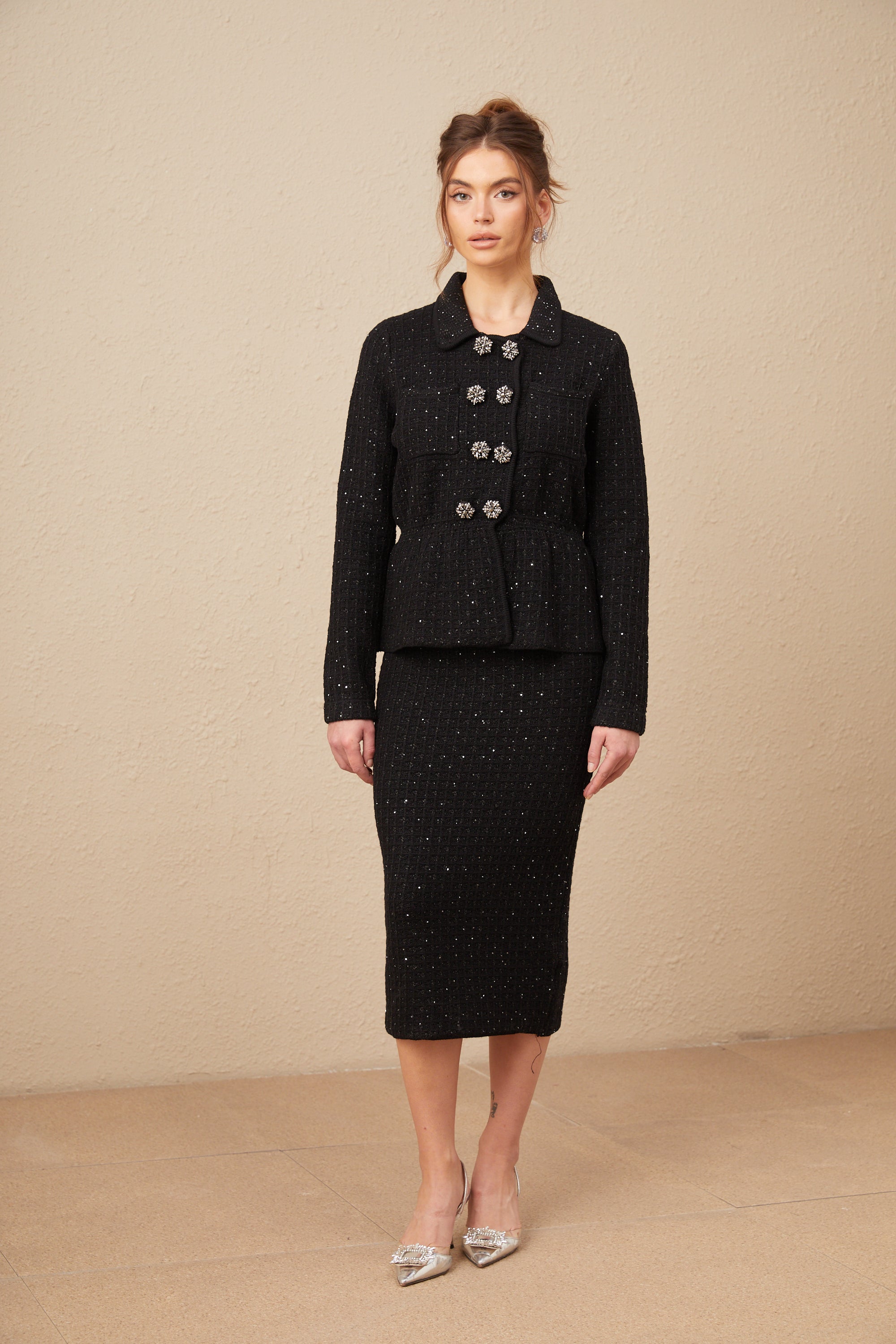 Amina sequined waffle-knit jacket & skirt matching set