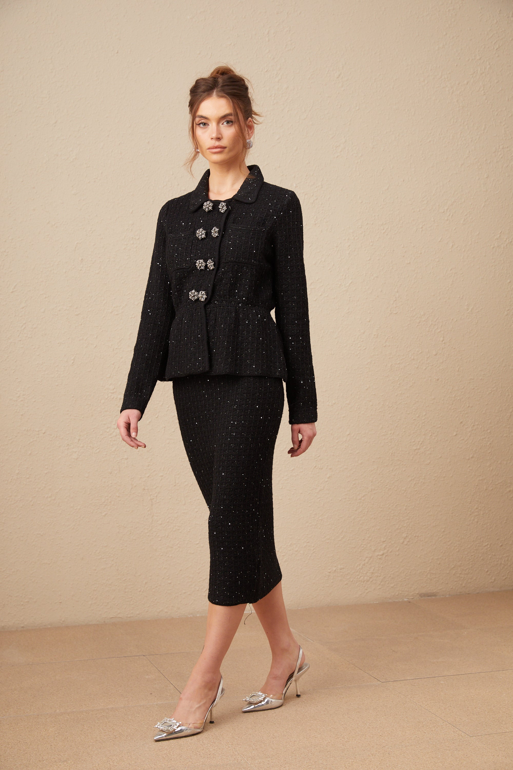 Amina sequined waffle-knit jacket & skirt matching set