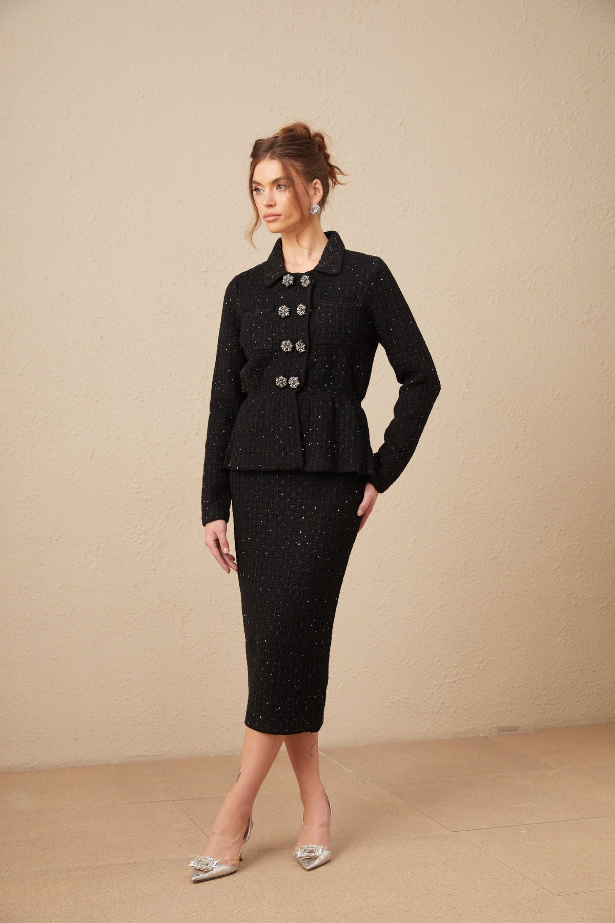Amina sequined waffle-knit jacket & skirt matching set
