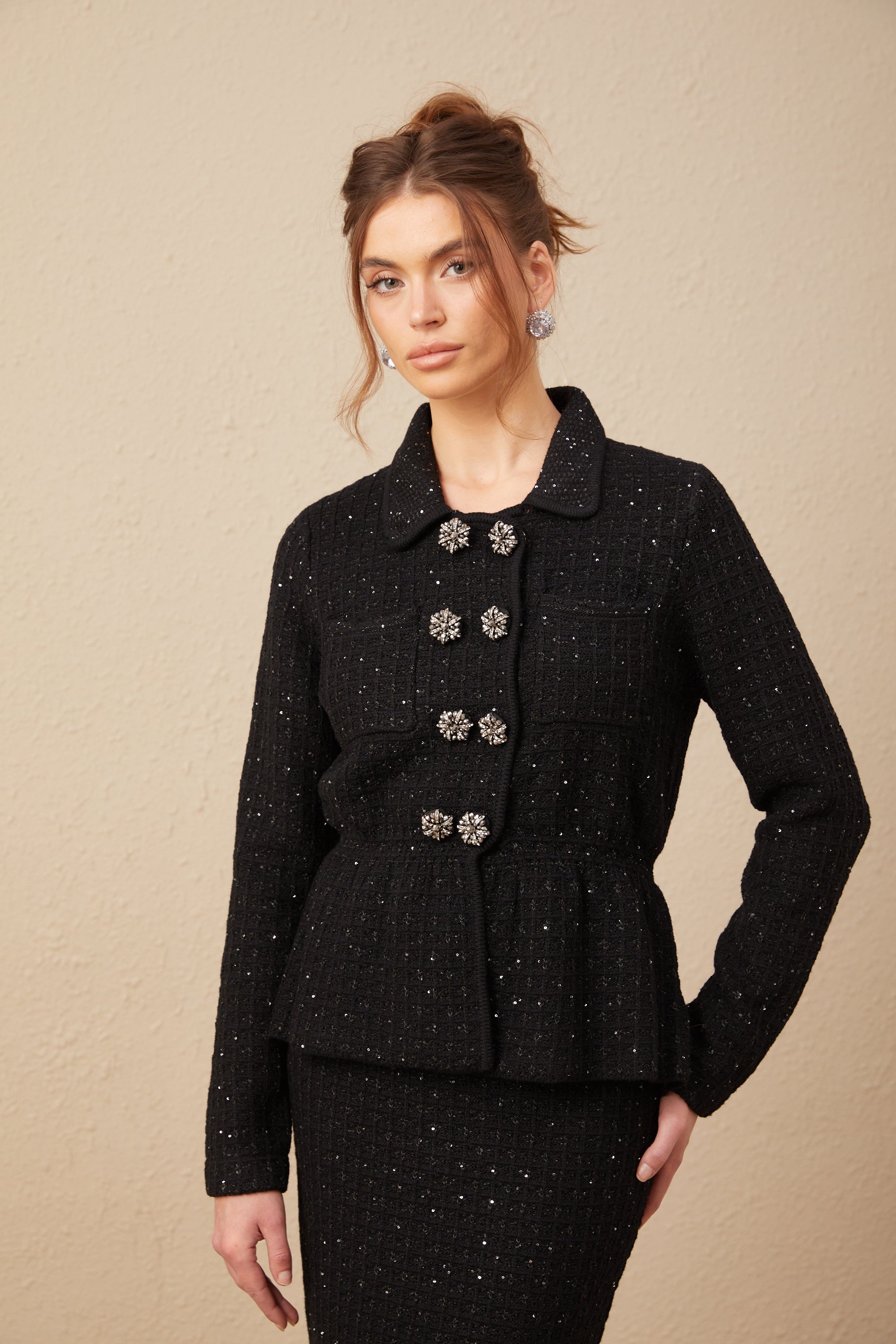 Amina sequined waffle-knit jacket & skirt matching set