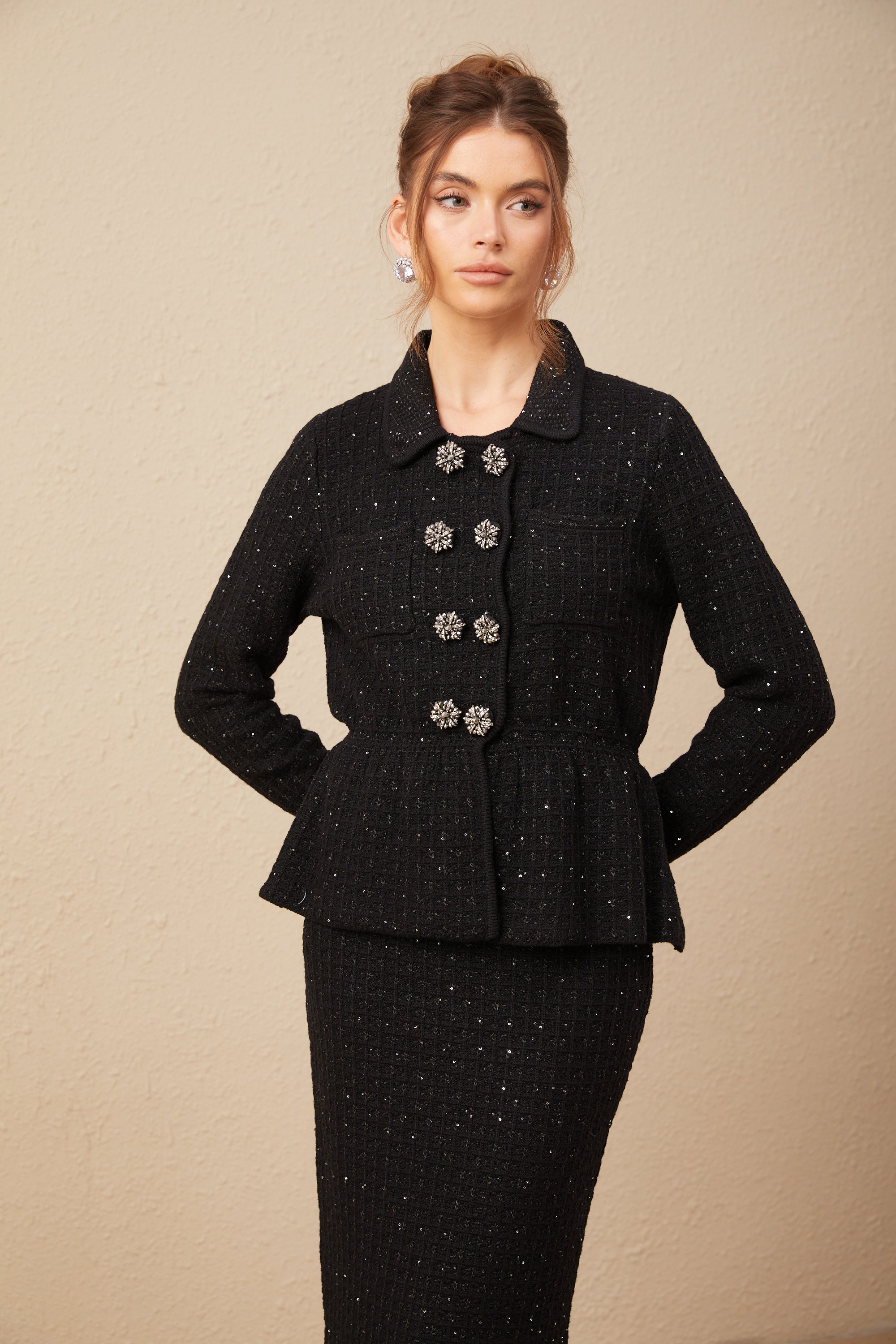 Amina sequined waffle-knit jacket & skirt matching set