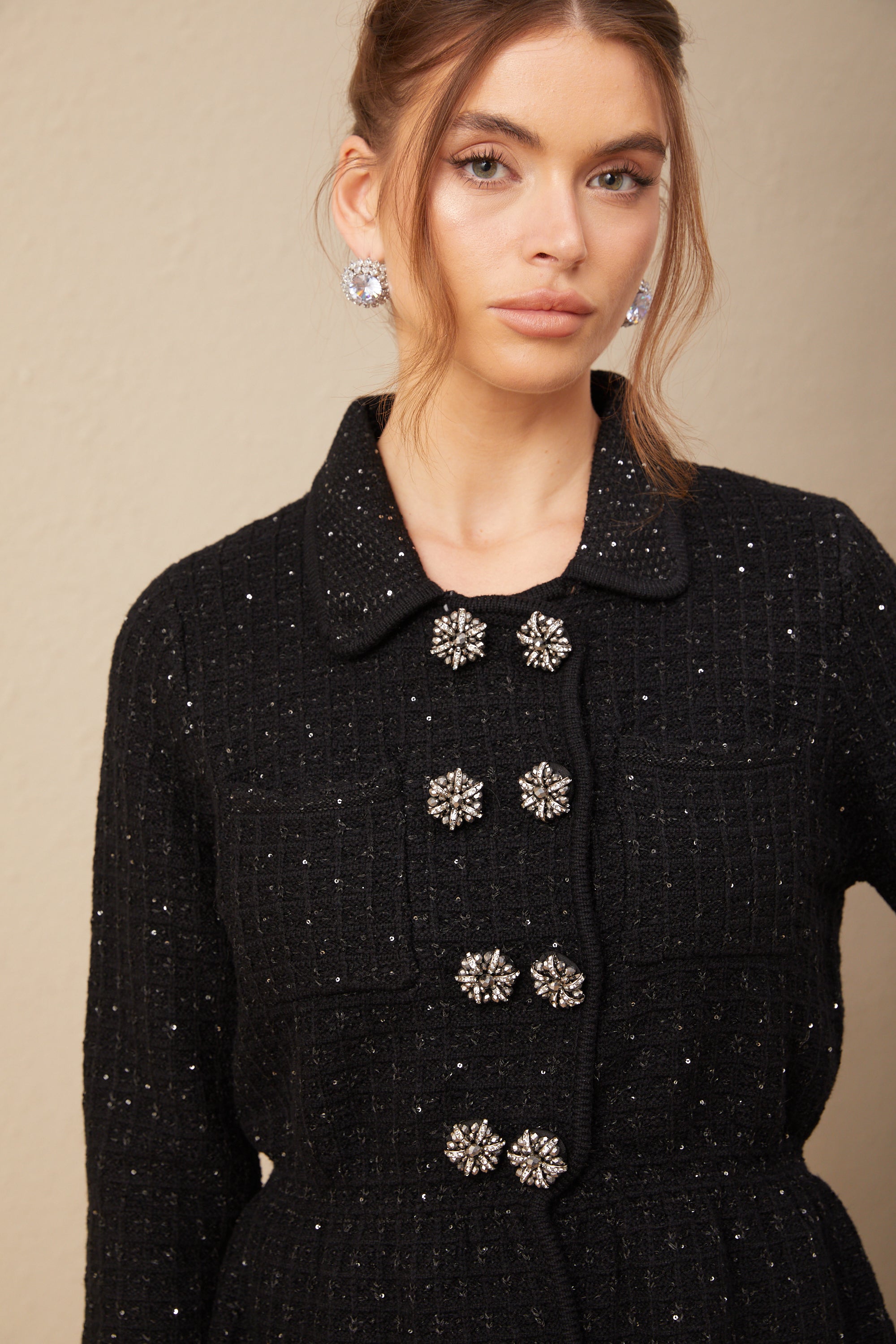 Amina sequined waffle-knit jacket & skirt matching set