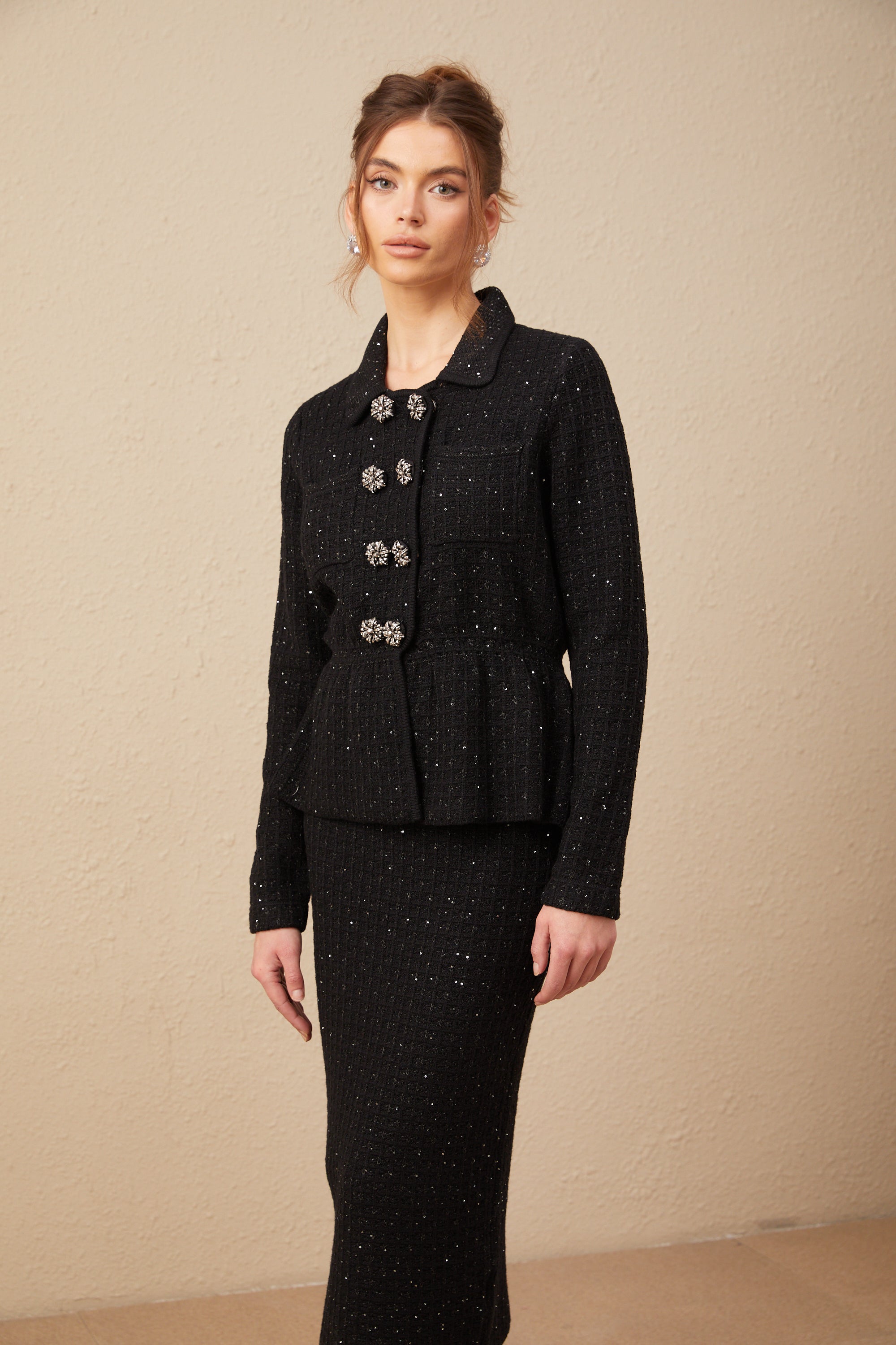 Amina sequined waffle-knit jacket & skirt matching set