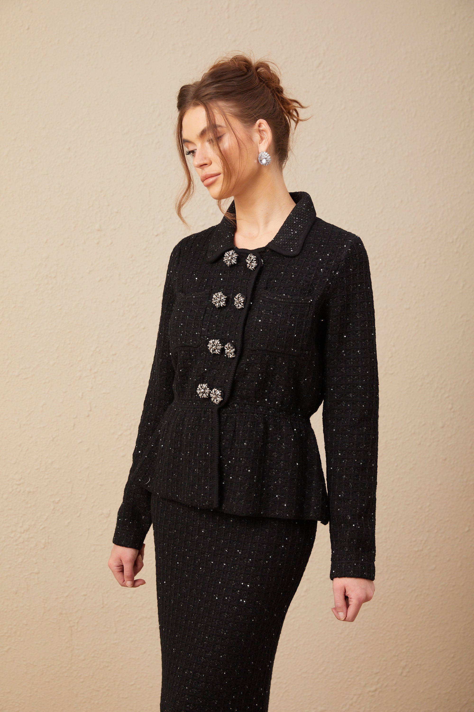 Amina sequined waffle-knit jacket & skirt matching set