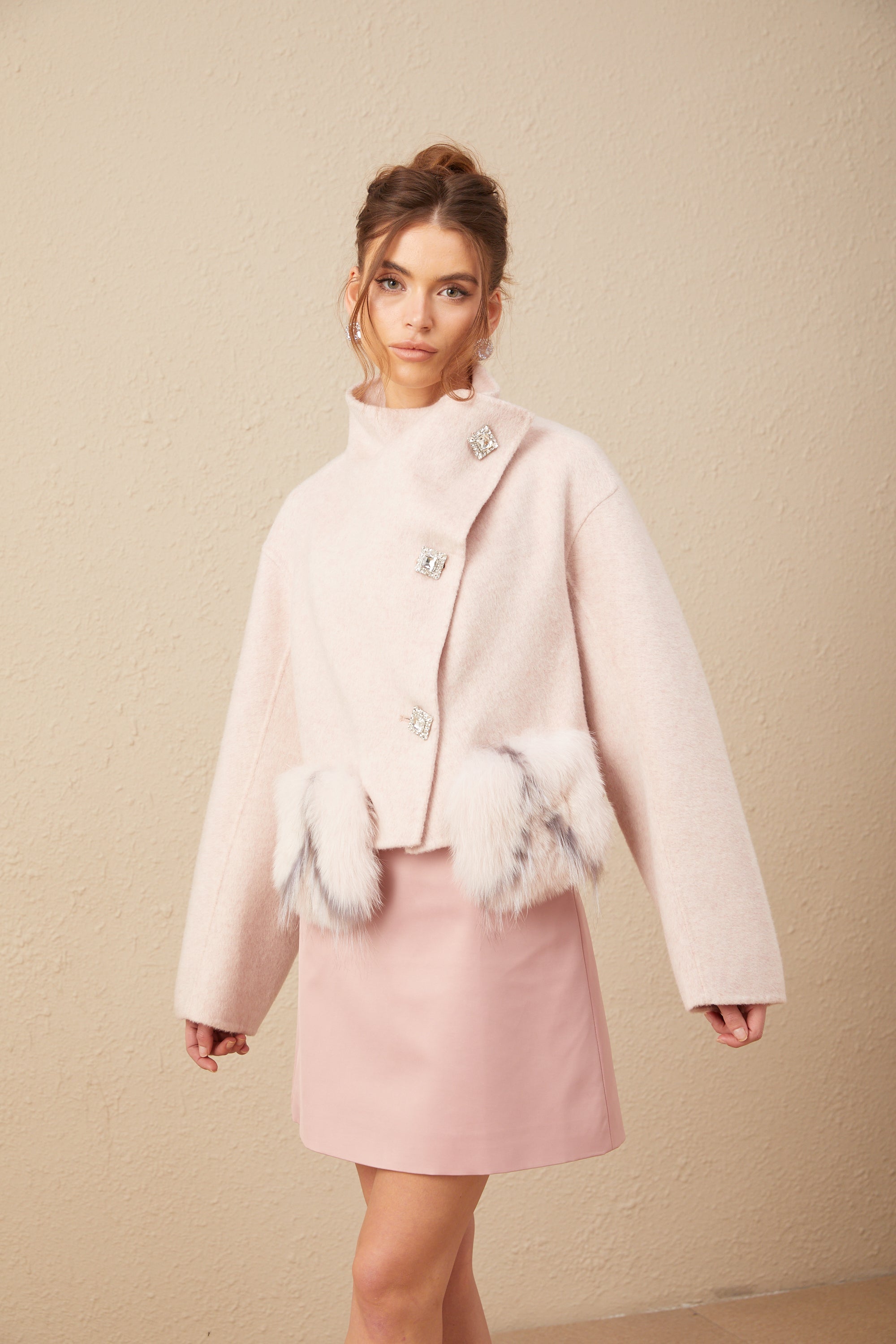 Vienne pink diagonal-placket short coat