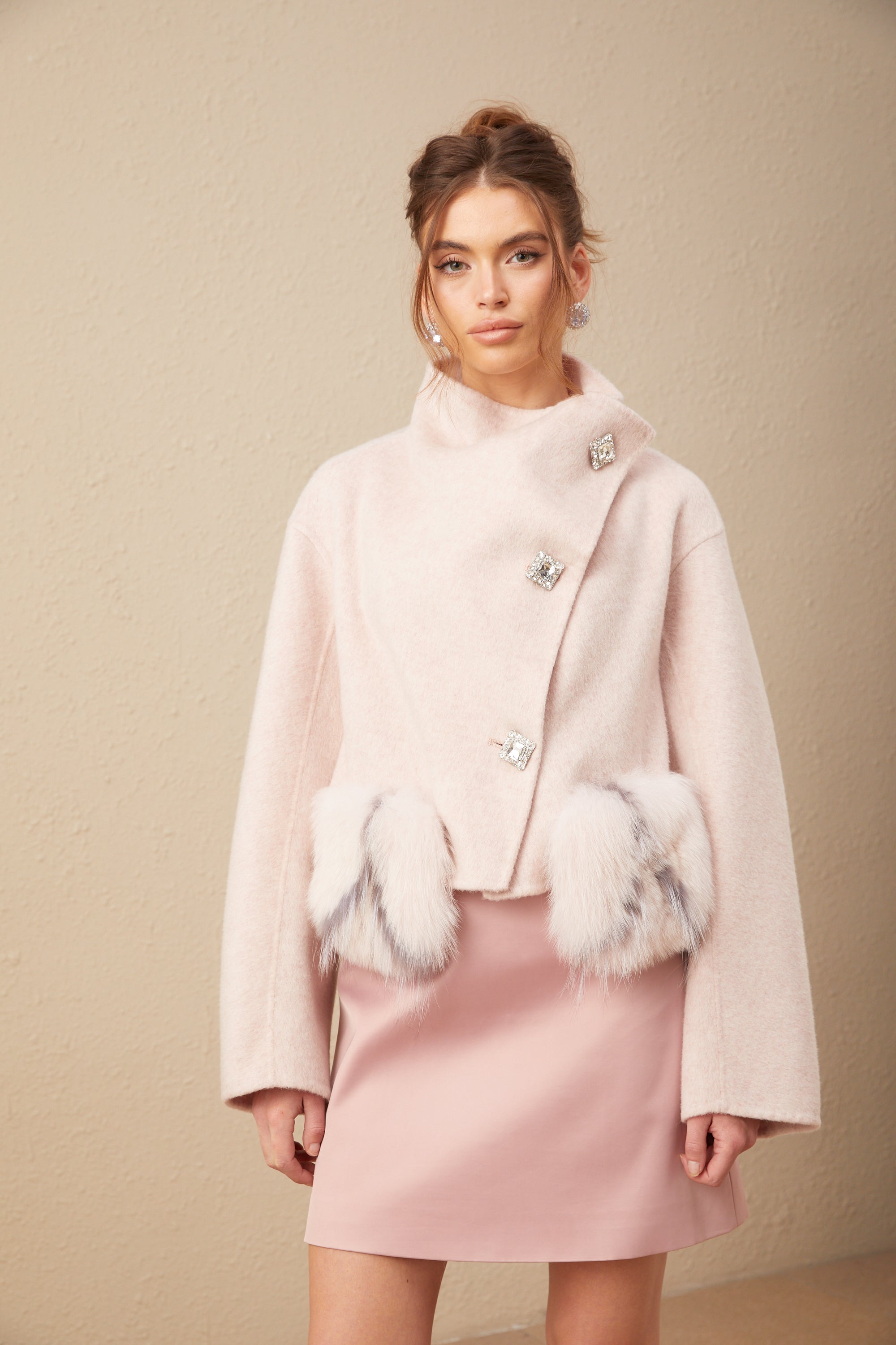 Vienne pink diagonal-placket short coat