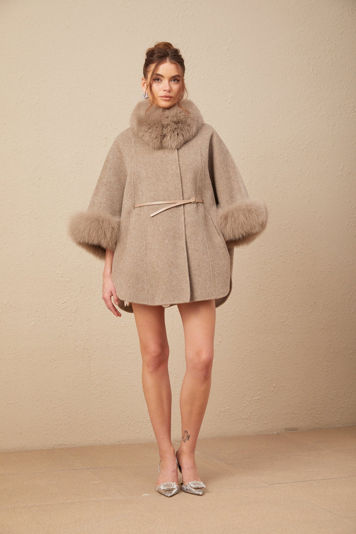 Chloris wool fur belted cape coat in Brown