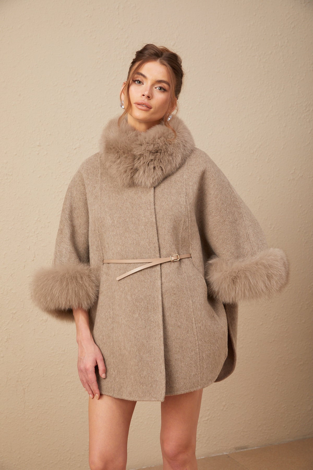 Chloris wool fur belted cape coat in Brown