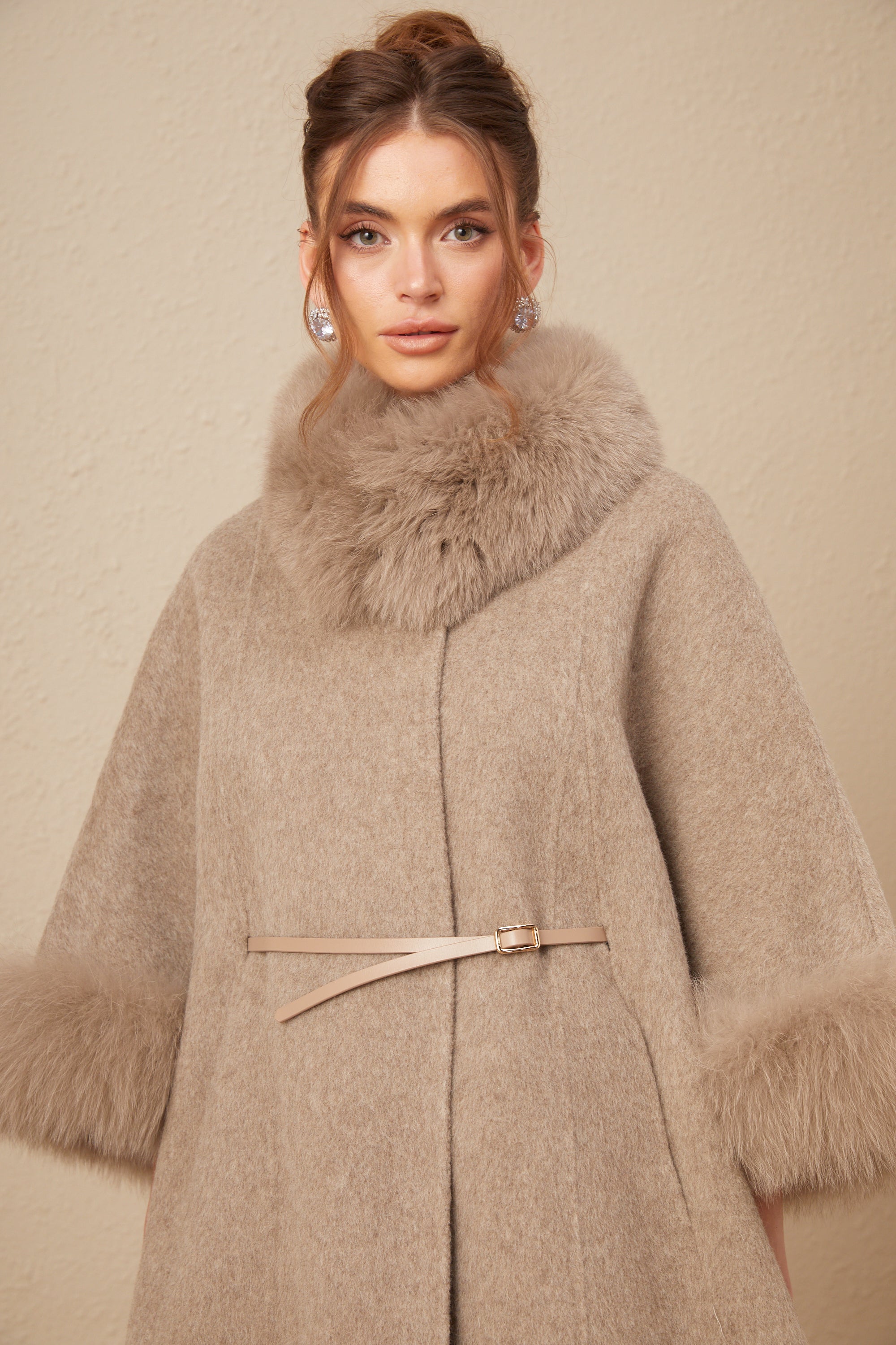 Chloris wool fur belted cape coat in Brown (Final Sale-US Only)