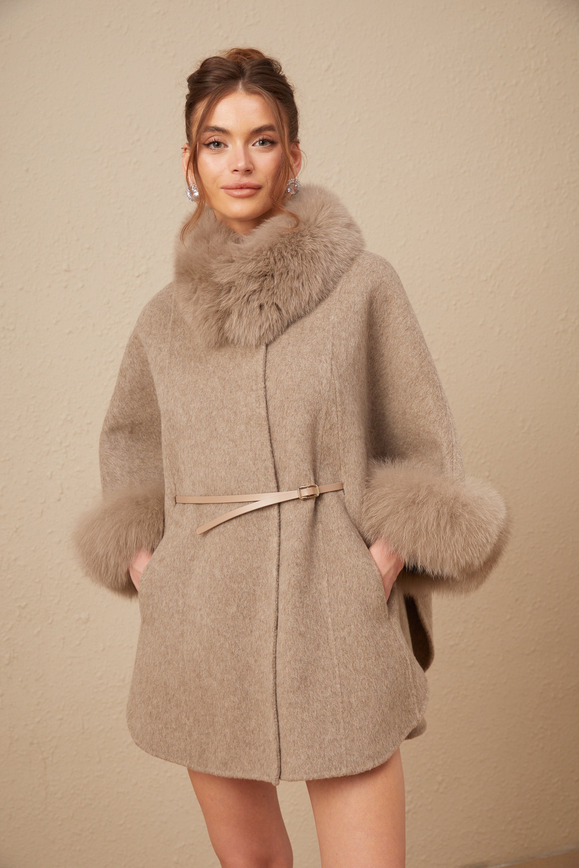 Chloris wool fur belted cape coat in Brown (Final Sale-US Only)