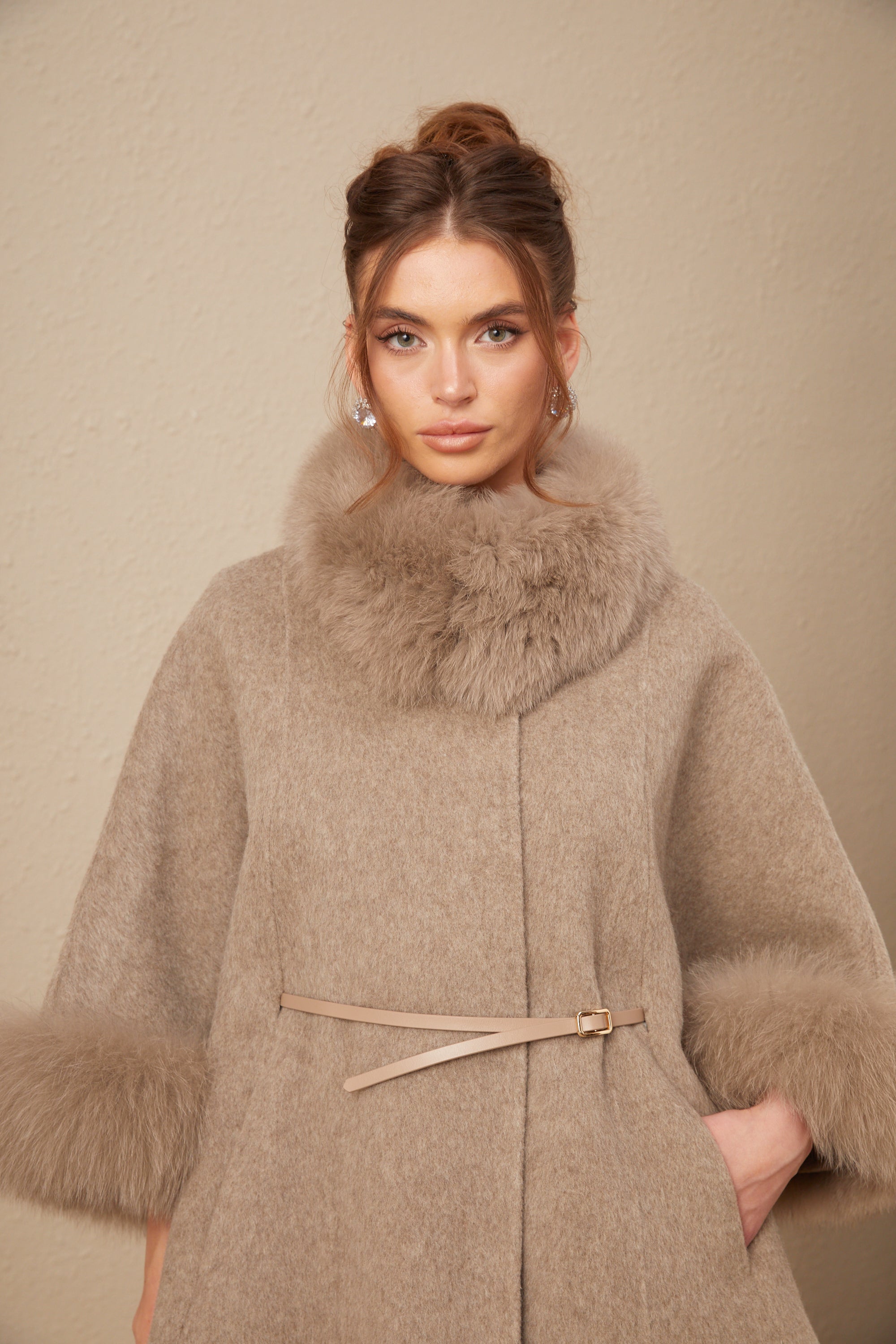 Chloris wool fur belted cape coat in Brown (Final Sale-US Only)