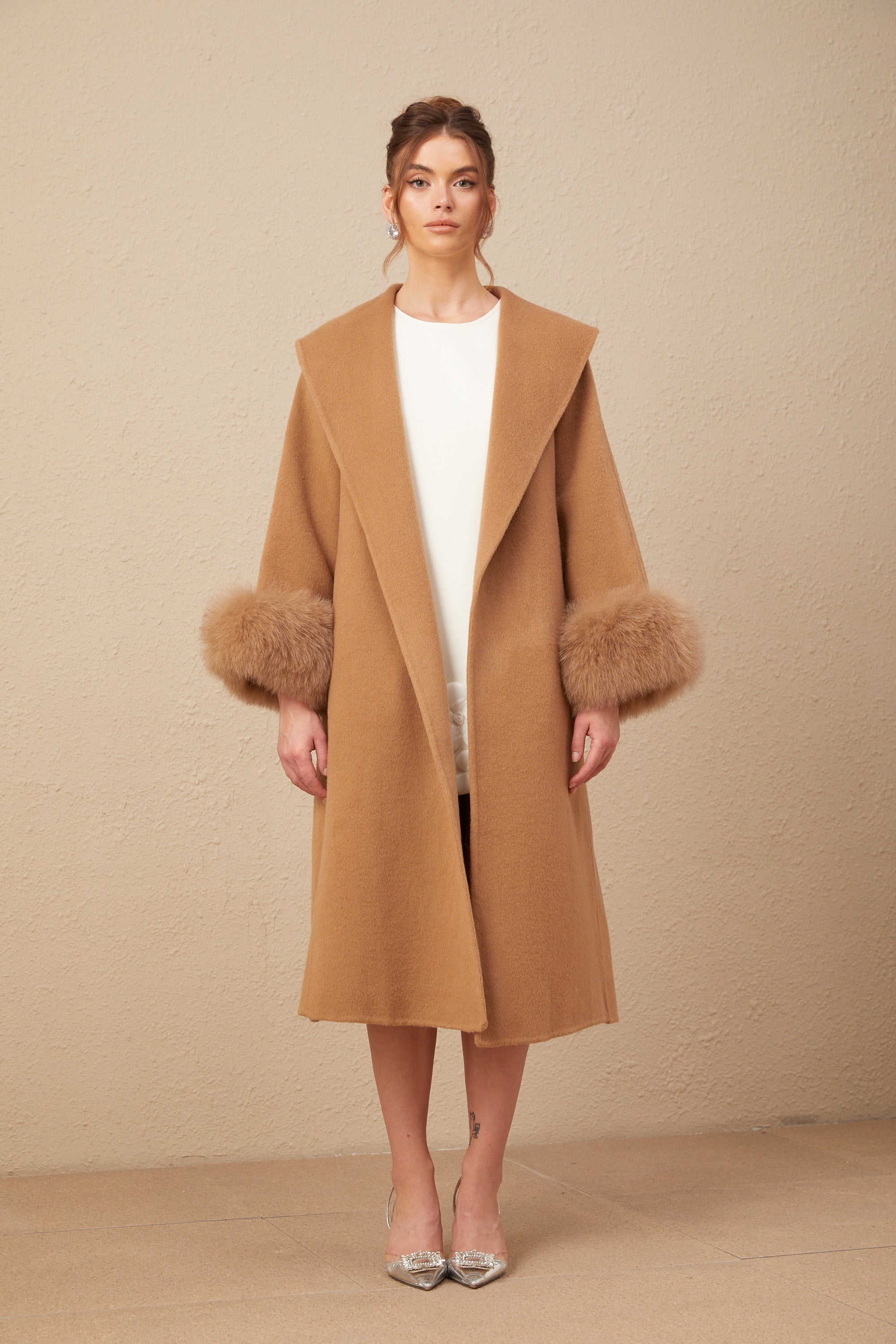 Ysandre brown felted woolen wrap overcoat (US Only)