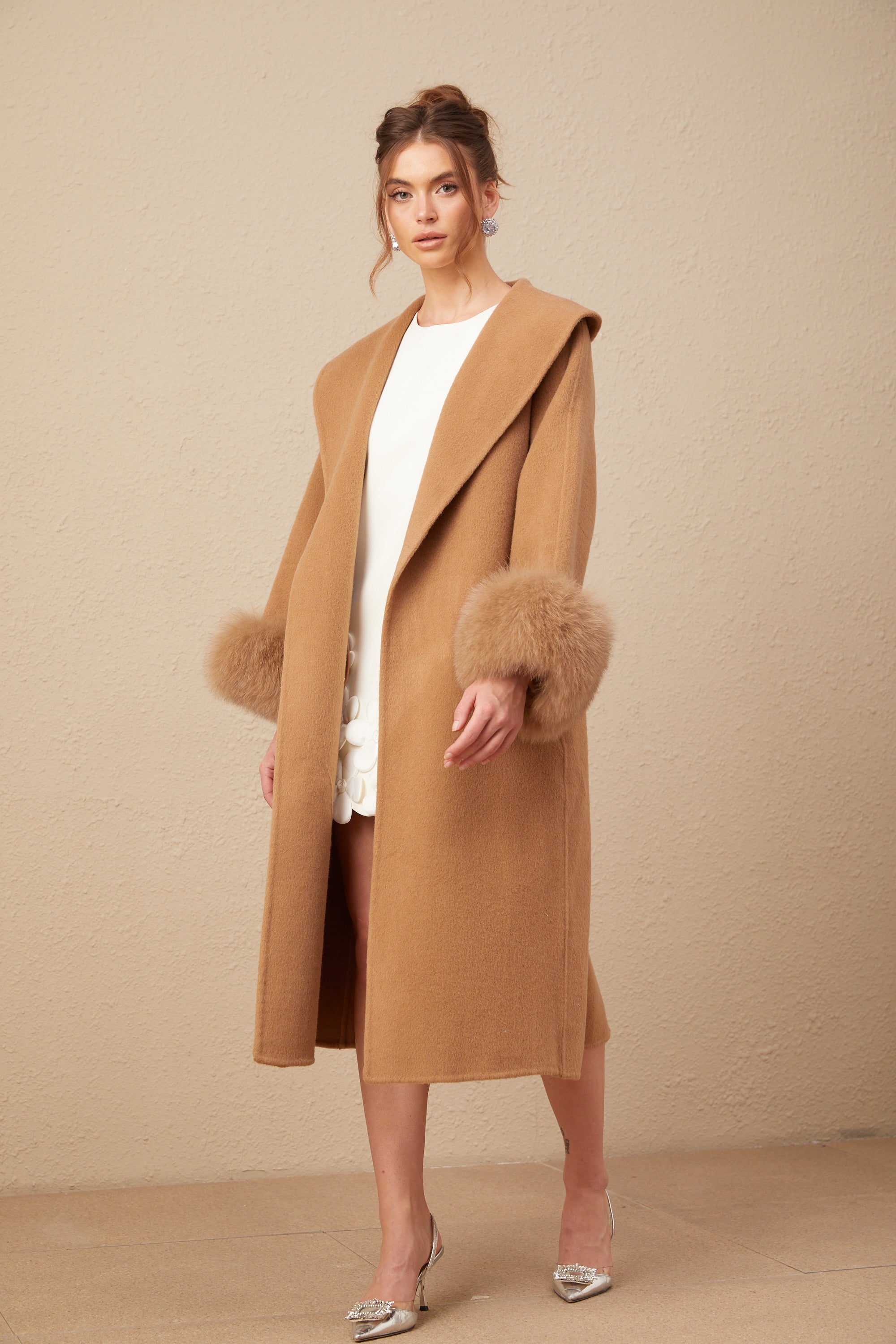 Ysandre brown felted woolen wrap overcoat (US Only)