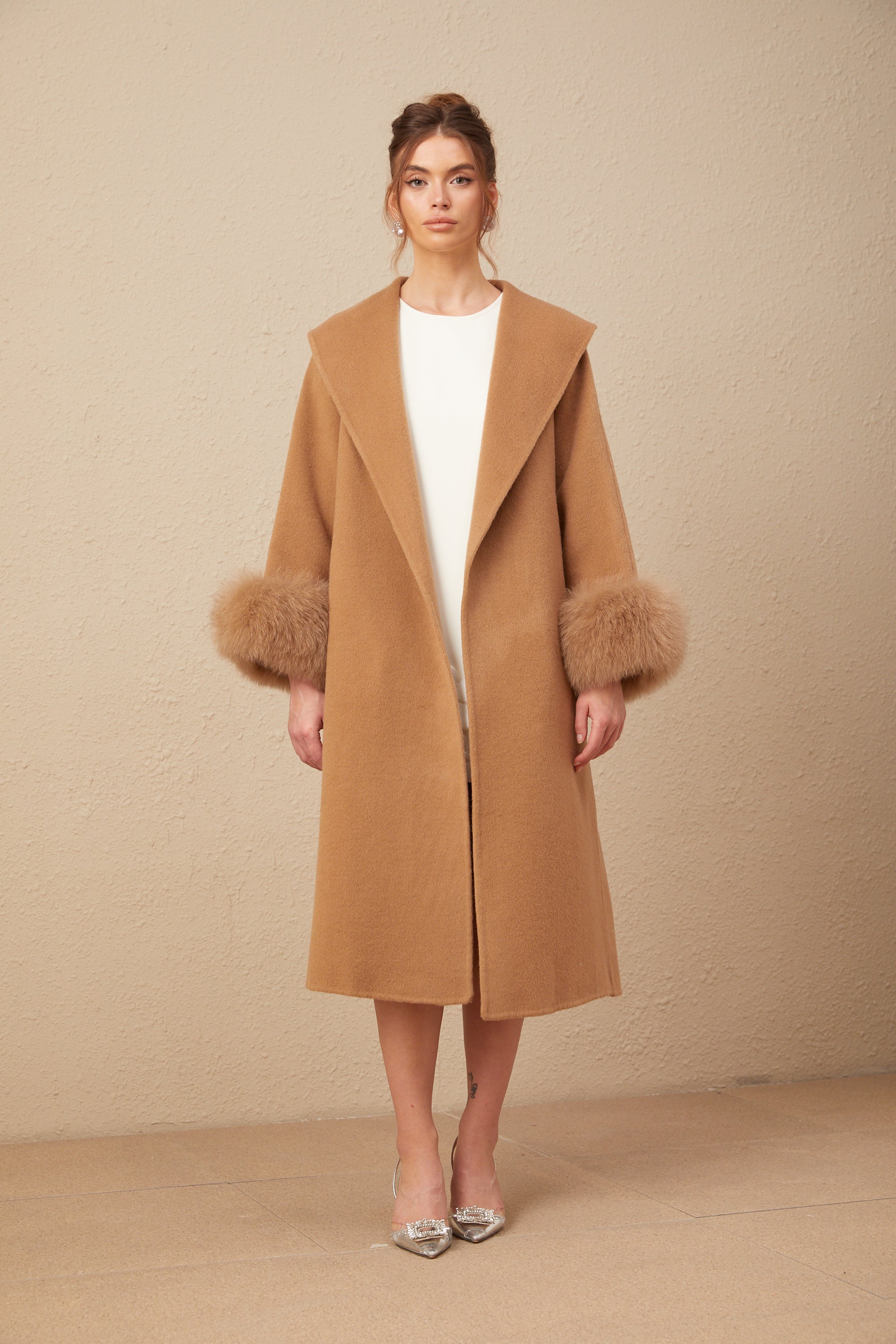 Ysandre brown felted woolen wrap overcoat (US Only)