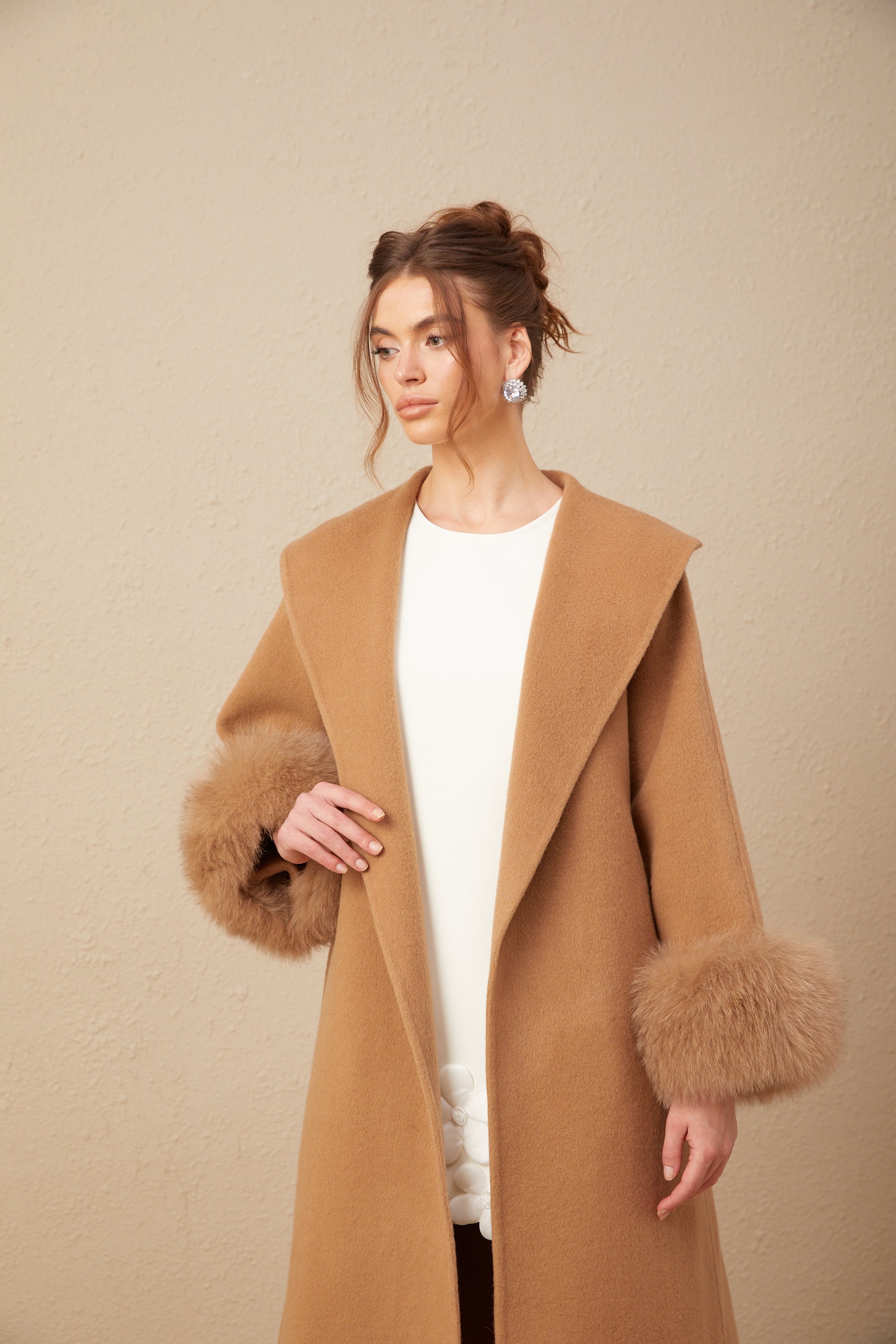 Ysandre brown felted woolen wrap overcoat (US Only)