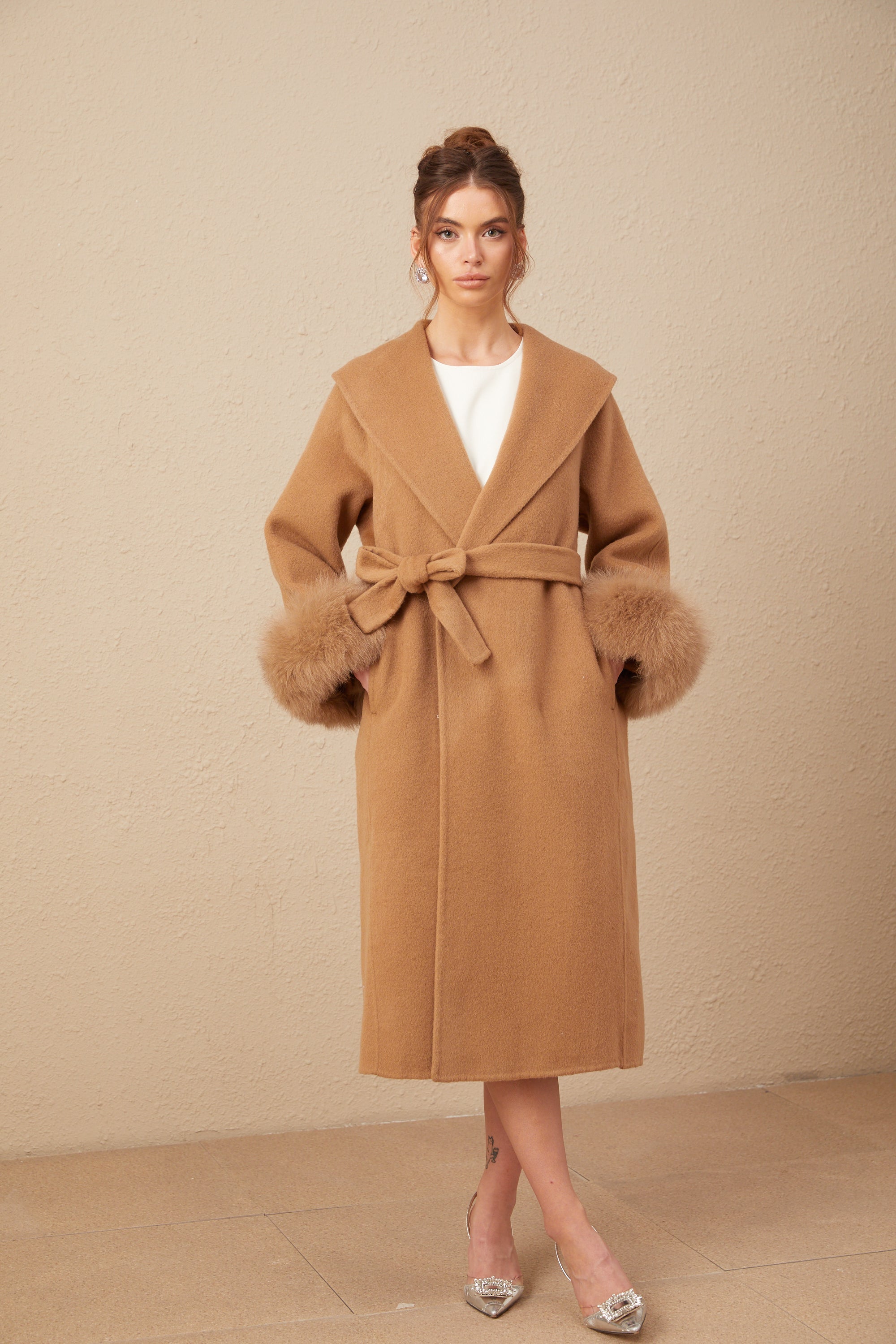 Ysandre brown felted woolen wrap overcoat (US Only)