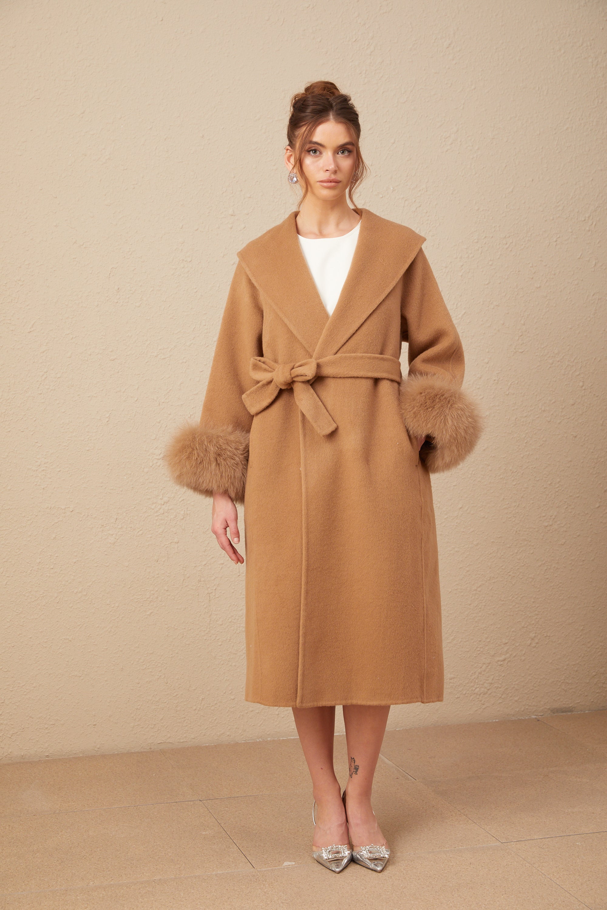 Ysandre brown felted woolen wrap overcoat (US Only)