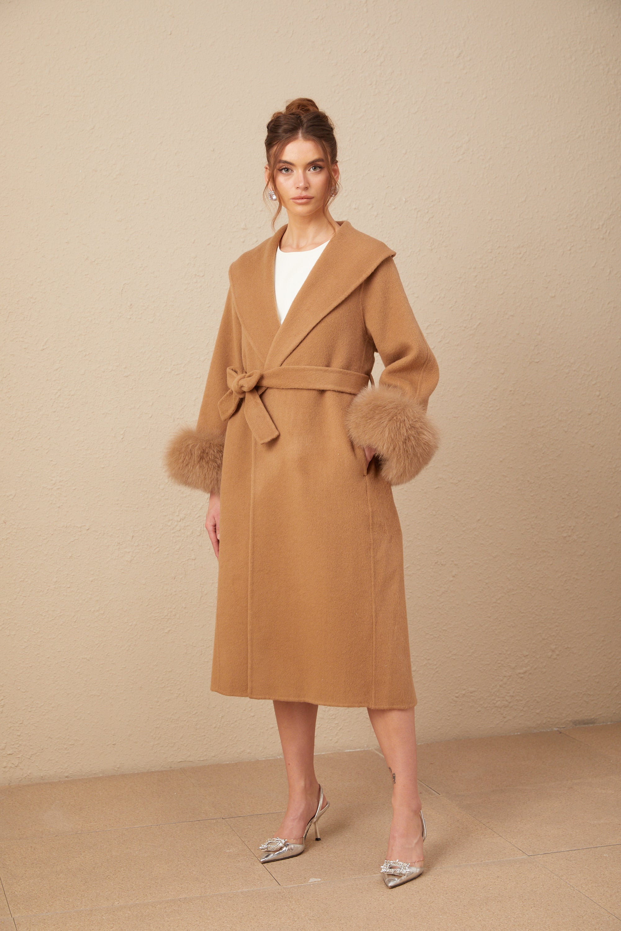 Ysandre brown felted woolen wrap overcoat (US Only)