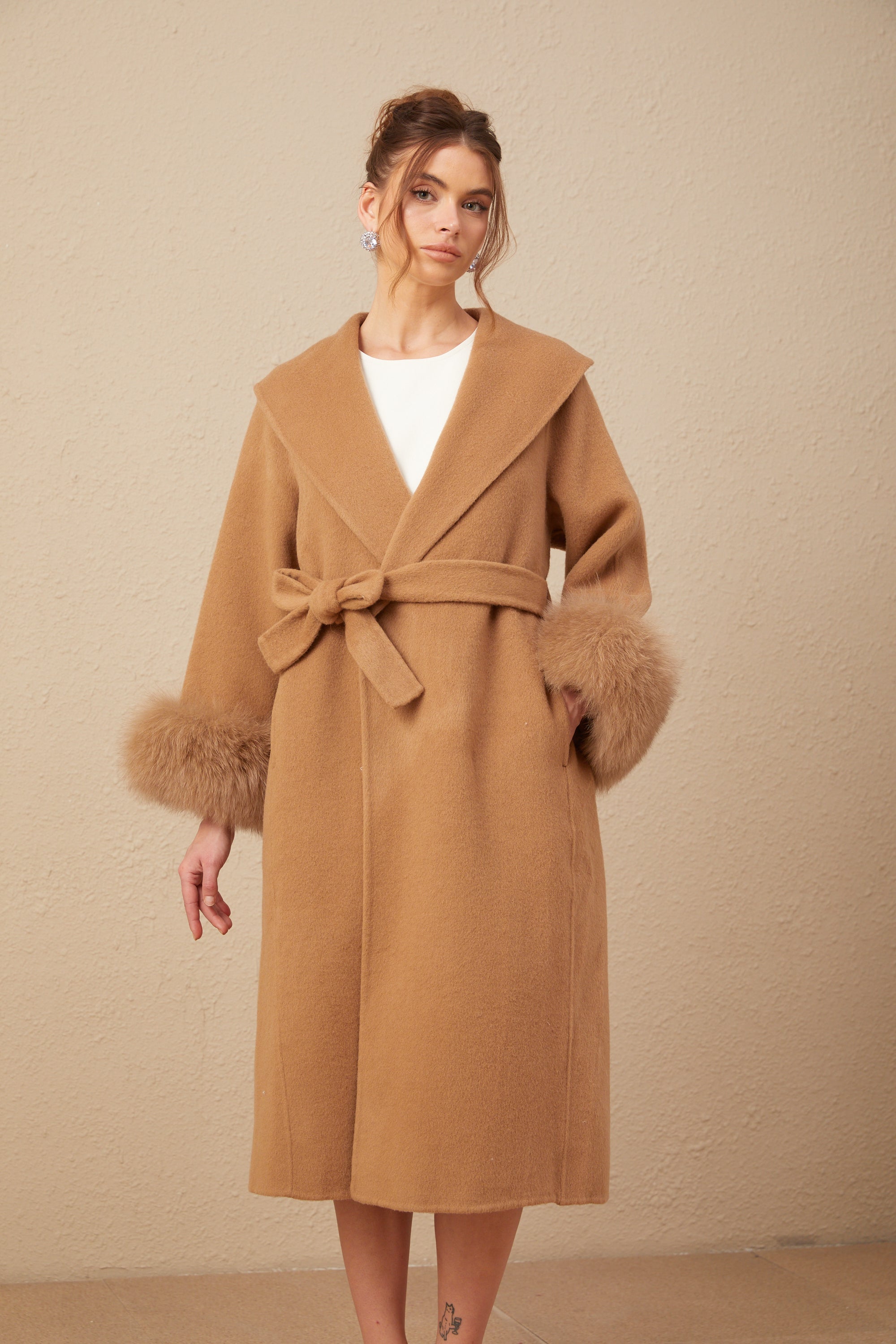 Ysandre brown felted woolen wrap overcoat (US Only)