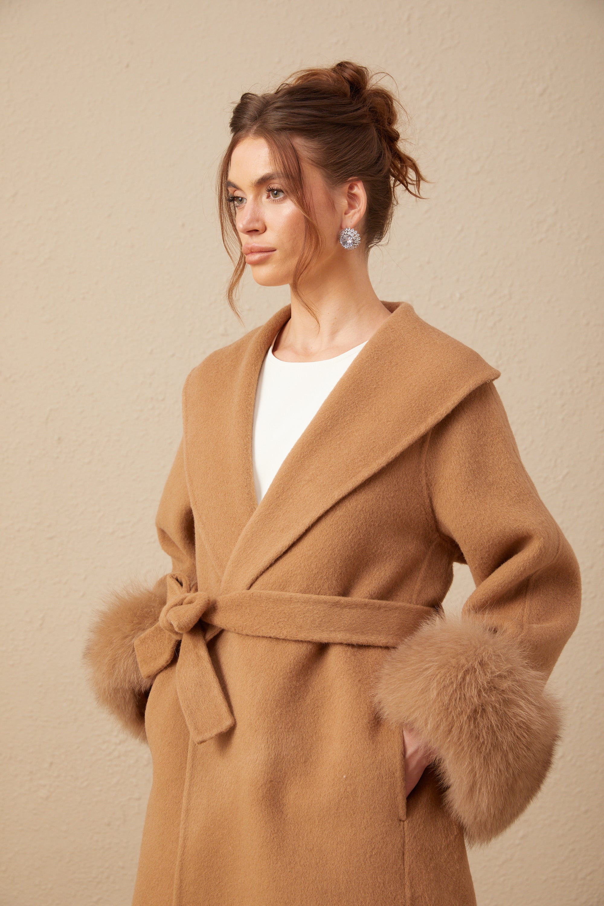 Ysandre brown felted woolen wrap overcoat (US Only)