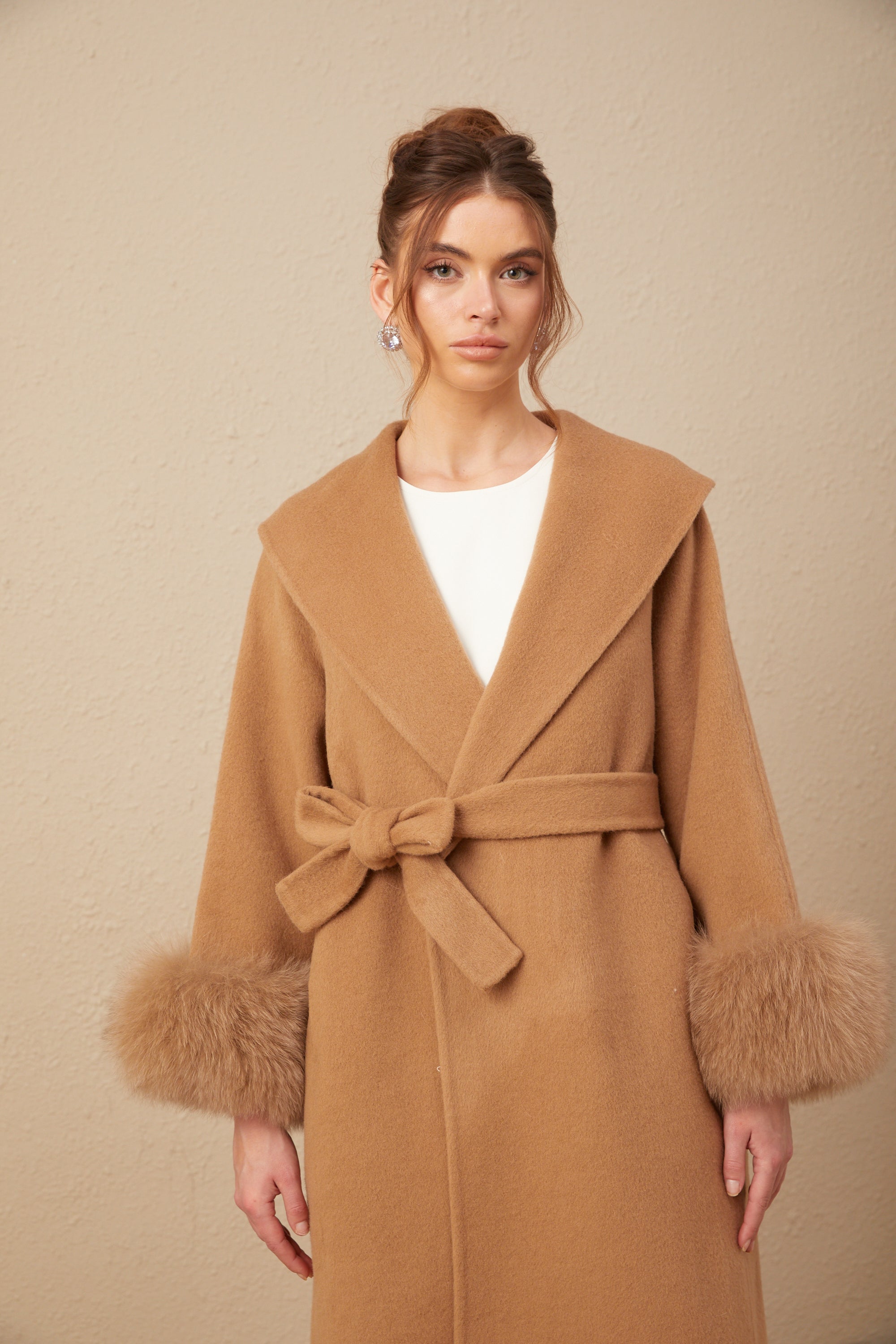 Ysandre brown felted woolen wrap overcoat (US Only)