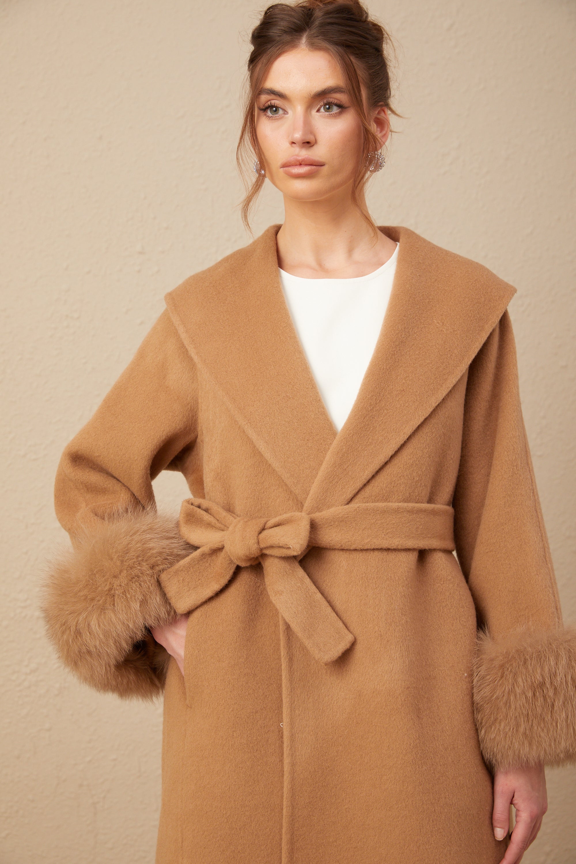 Ysandre brown felted woolen wrap overcoat (US Only)