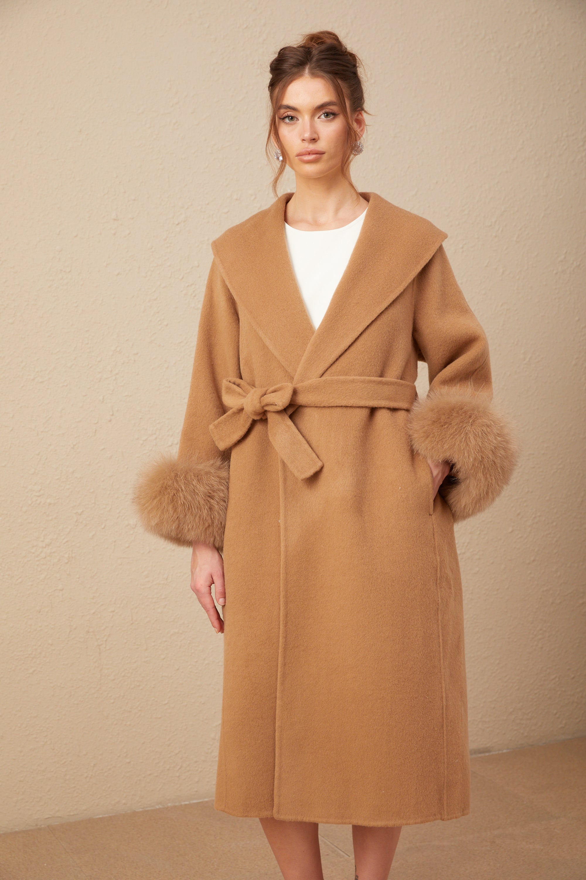 Ysandre brown felted woolen wrap overcoat (US Only)