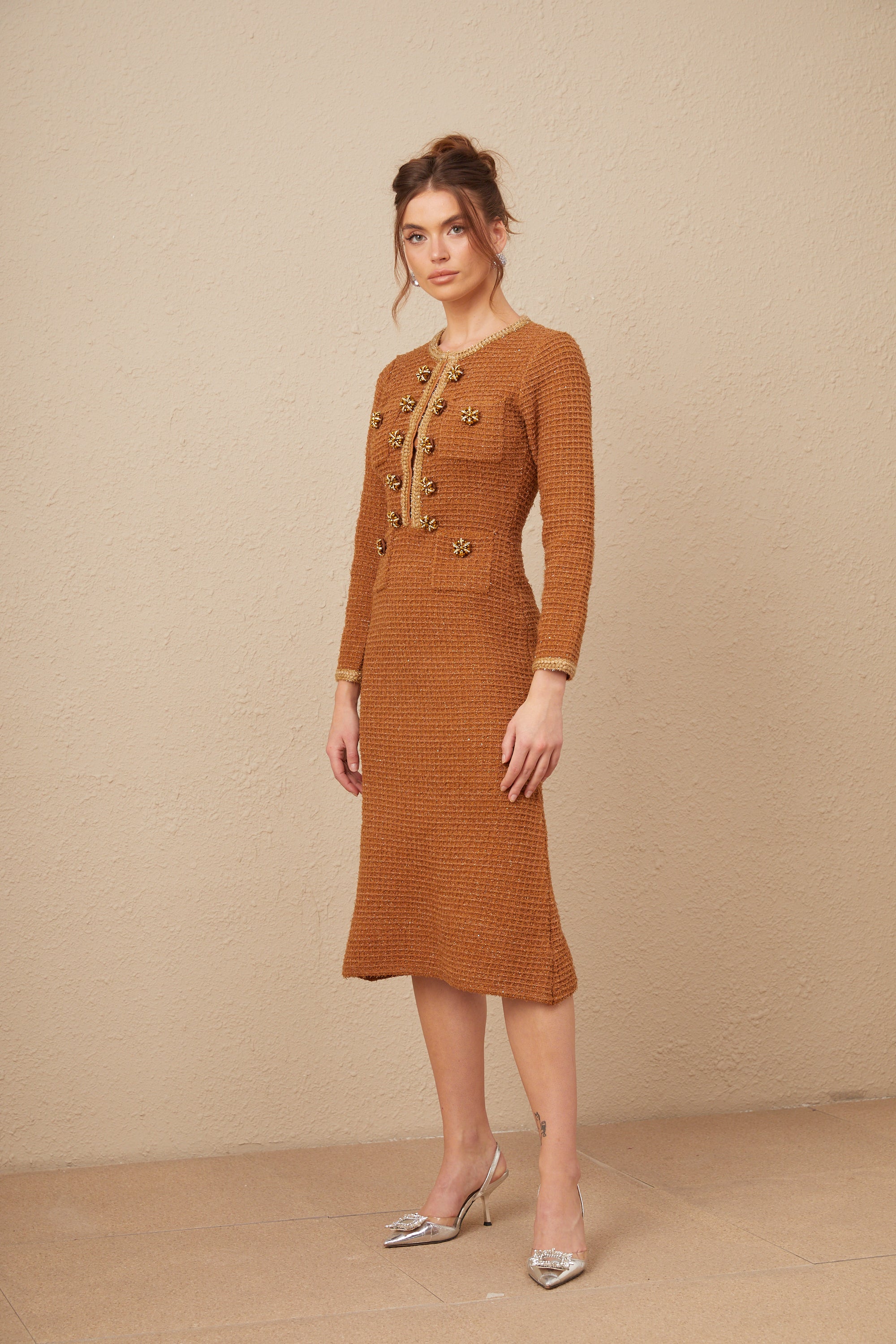Epona brown braided-edge tweed dress
